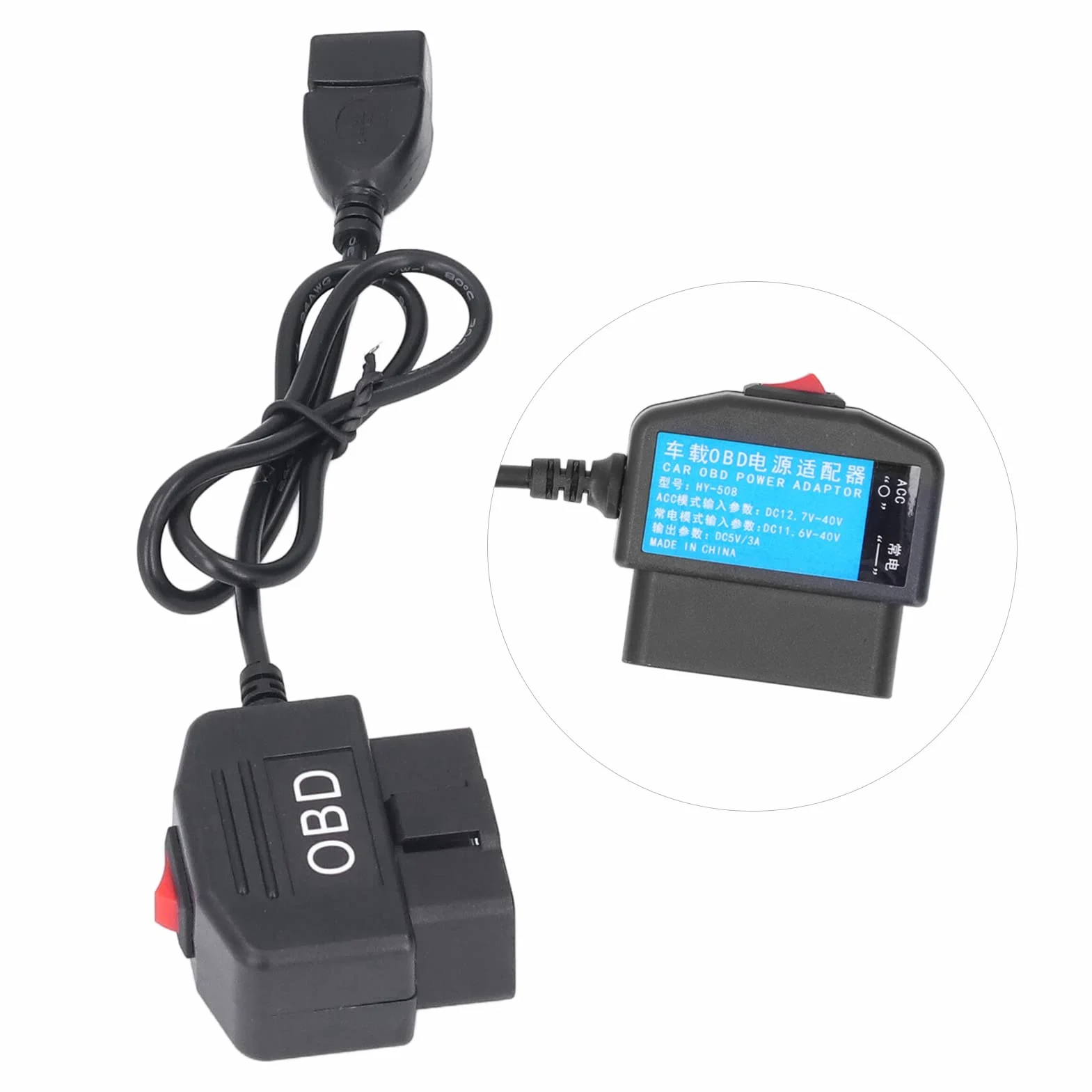 Zasilaj kamerę samochodową lub ładuj Telefon za pomocą Kabla Zasilacza OBD o Długości 48 Cm/18,9 cala. Ten Kabel Jest Wyposażony w Przycisk Przełącznika Umożliwiający Wygodne