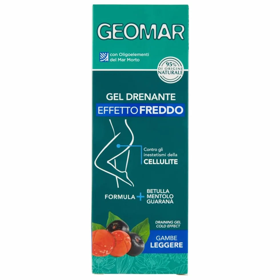 GEOMAR | Żel drenujący z efektem zimna, przeciw niedoskonałościom cellulitu, dostarcza lekkie nogi, 95% składników pochodzenia naturalnego, wyprodukowane we Włoszech, 200 ml