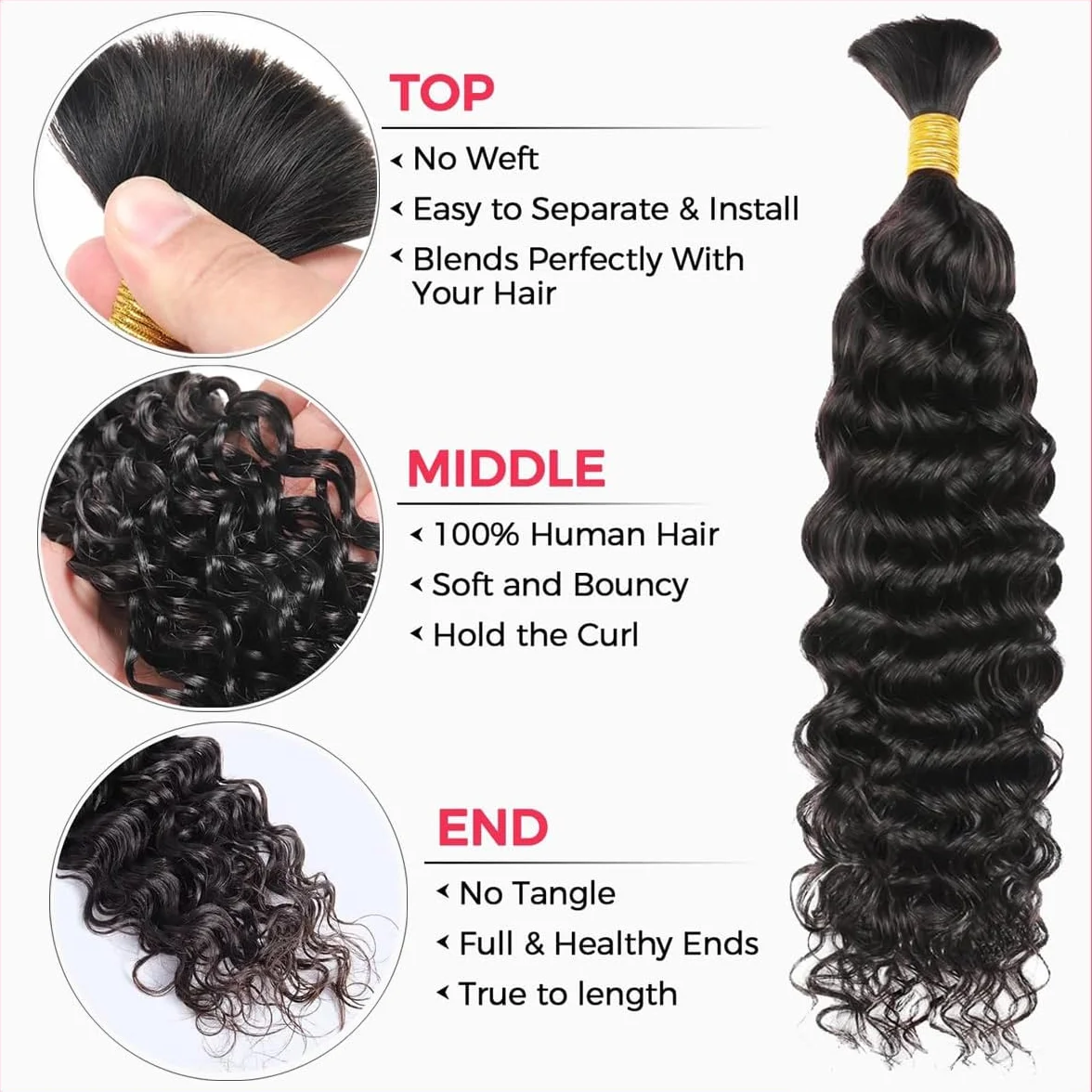 Human Braiding Hair Water Wave Human Hair Brazilian Curly Boho Hair for Braiding No Weft for Boho Braids Human Hair Natural color Wet and Wavy for Extensions Knotless Braids (16 inch/50g)