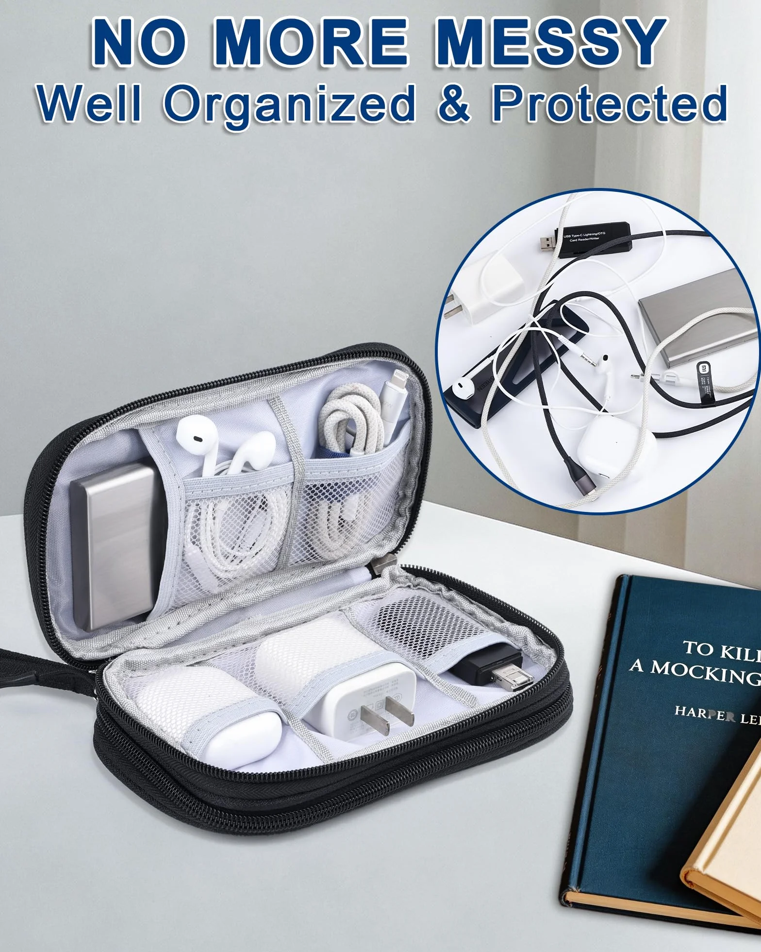 Organizer na Kable, Etui Podróżne Wodoodporne z Tkaniny Oxford, Podwójną Przegródką, Przenośny do Akcesoriów Elektronicznych, Ładowarek, Power Banku, Słuchawek, Czarny, 19x11x5 cm