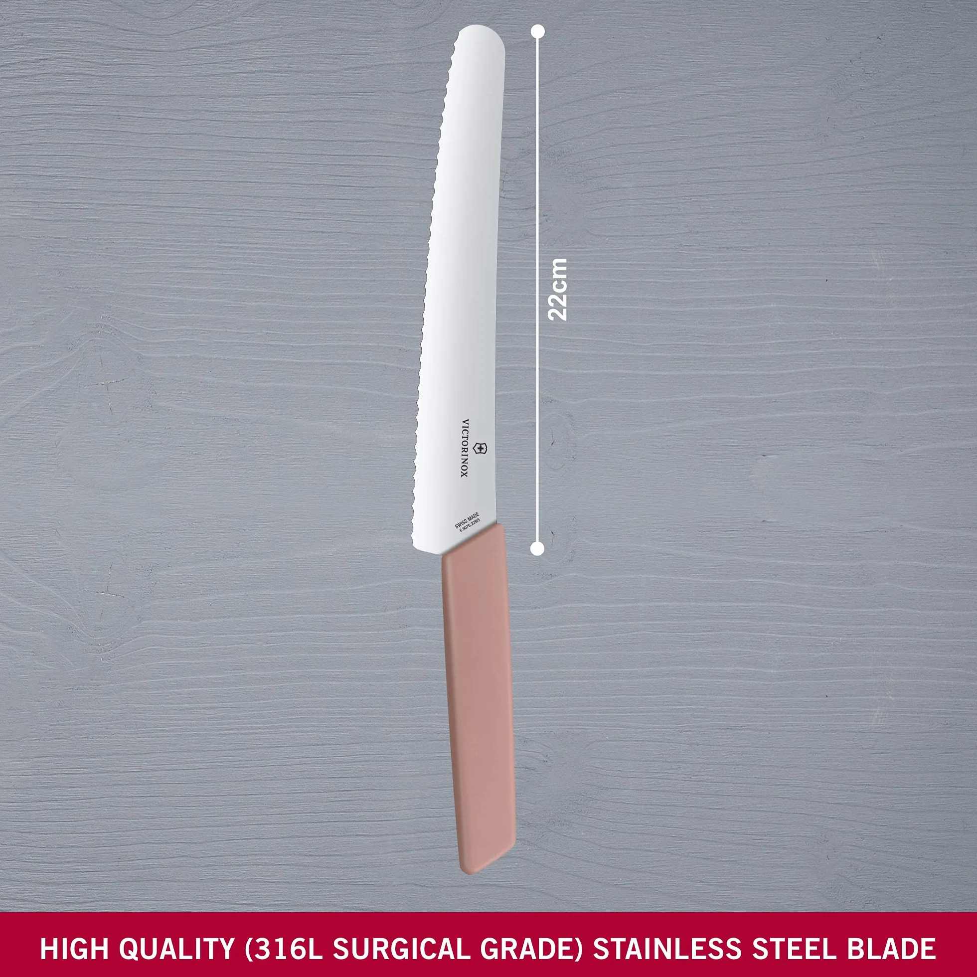 Victorinox Swiss Modern Brot- und Konditormesser, extra scharfe Klinge mit Wellenschliff, Apricot-Rosa