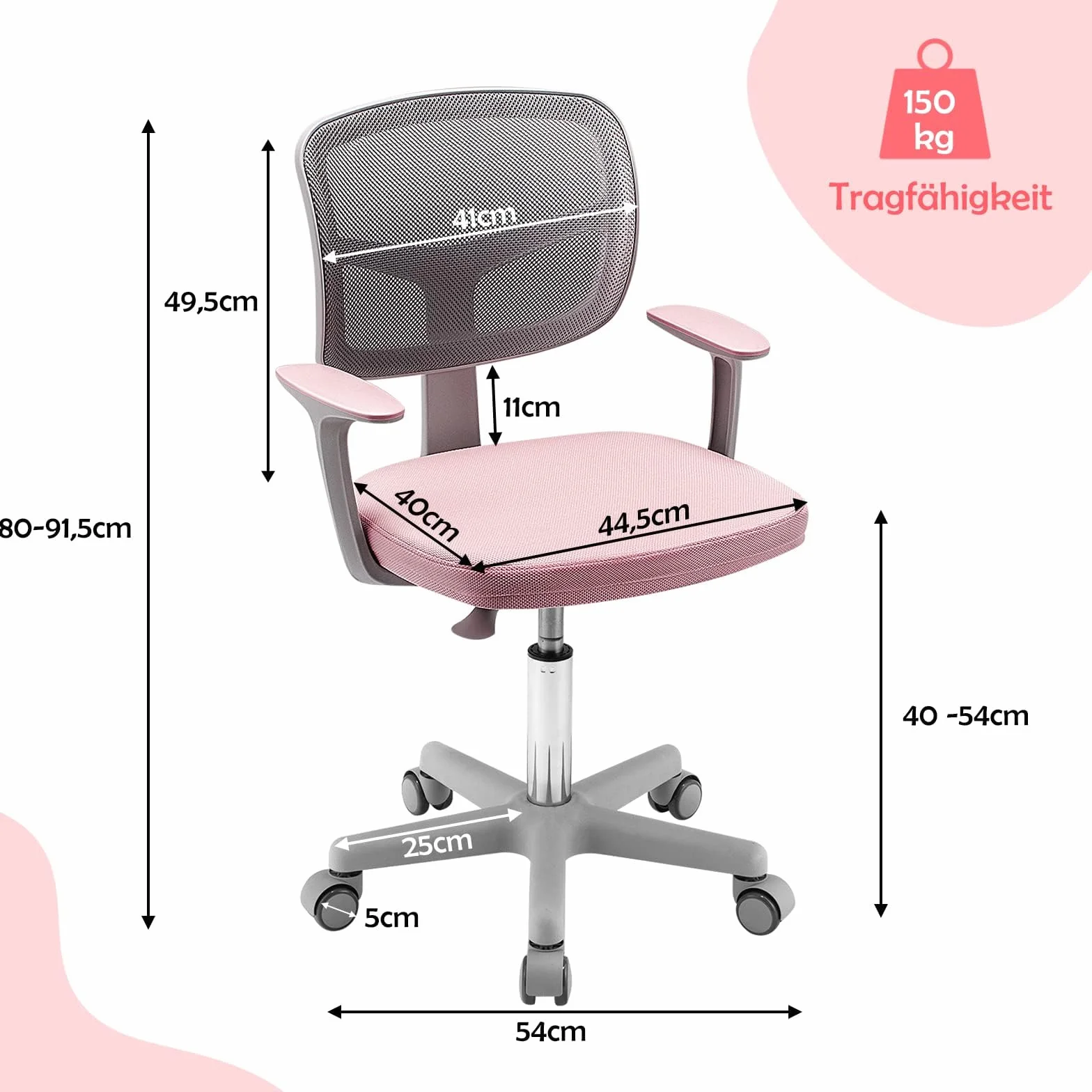 COSTWAY Dziecięce krzesło biurkowe obracane o 360°, 80-91,5 cm, krzesło młodzieżowe z regulacją wysokości, z oparciem i podłokietnikami, krzesło komputerowe z 5 kółkami, dla dzieci w wieku 3-10 lat