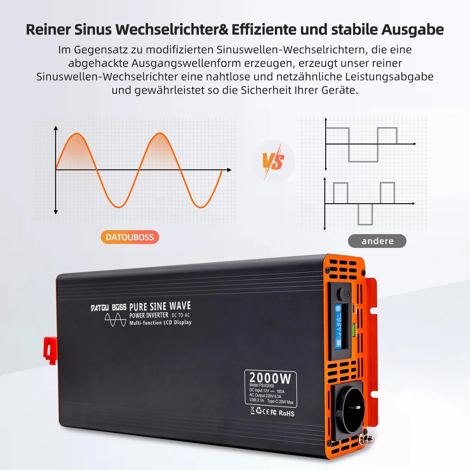 DATOUBOSS Przetwornica Samochodowa 12V 230V Czysty Sinus 2000W/4000W, Inwerter z Pilotem Zdalnego Sterowania i Wyświetlaczem LCD, 1× Gniazdo AC, 1× USB, 1× USB-C
