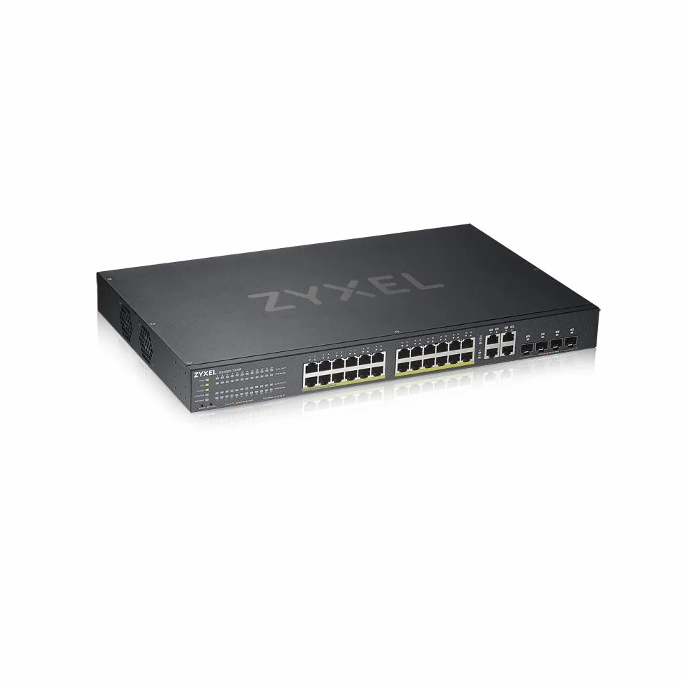Zyxel Nebula 24-portowy inteligentny zarządzany przełącznik Nebula Gigabit Ethernet PoE+, moc całkowita 375 W, 4 gigabitowe porty combo, tryb chmury hybrydowej, dożywotnia gwarancja [GS1920-24HPv2]