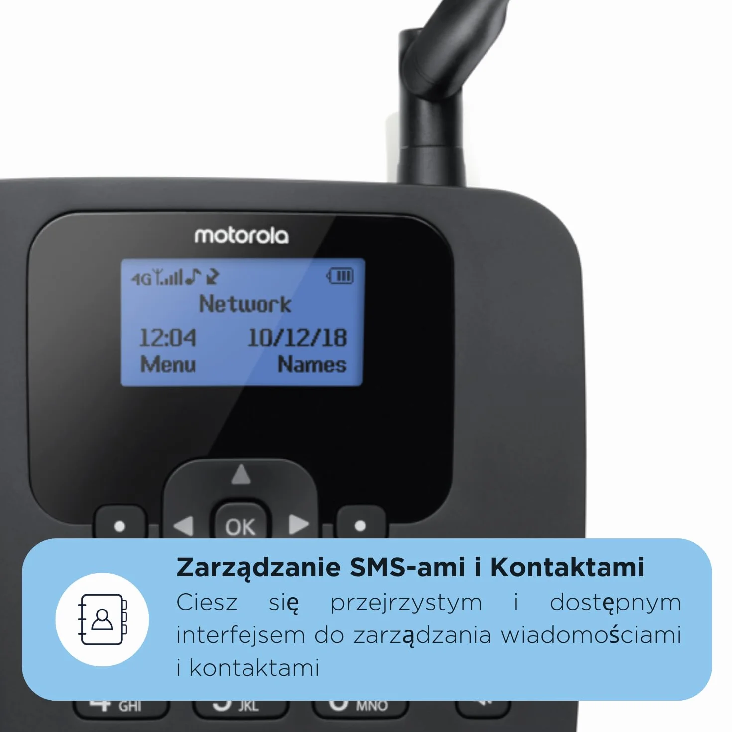 Motorola Voice - FW410L 4G Telefon stacjonarny bezprzewodowy, punkt dostępu Wi-Fi, karta SIM, zapasowa bateria, tryb głośnomówiący, czterozakresowy GSM, przekierowywanie połączeń