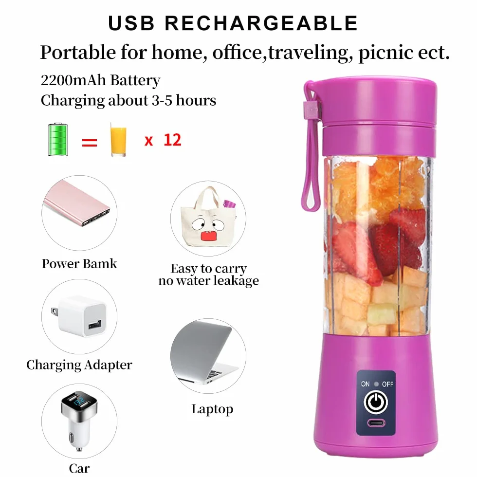 Przenośny blender 380 ml USB ładowany 6 ostrzy podróżny do smoothie fioletowy