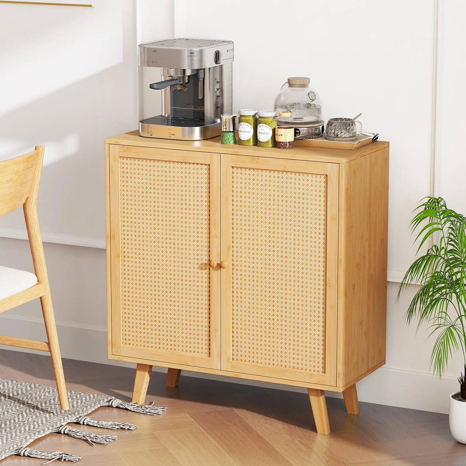 COSTWAY Kredens z rattanowymi drzwiami bambusowa szafka kuchenna z blatem roboczym 80x34.5x85 cm naturalny