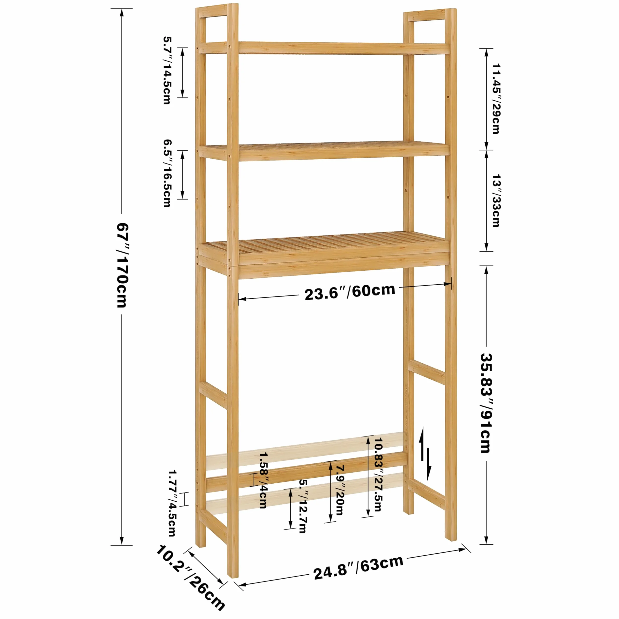 SMIBUY Regał łazienkowy, bambusowy stojak na toalety, wolnostojąca toaleta Space Saver z 3 poziomami półek (naturalny)
