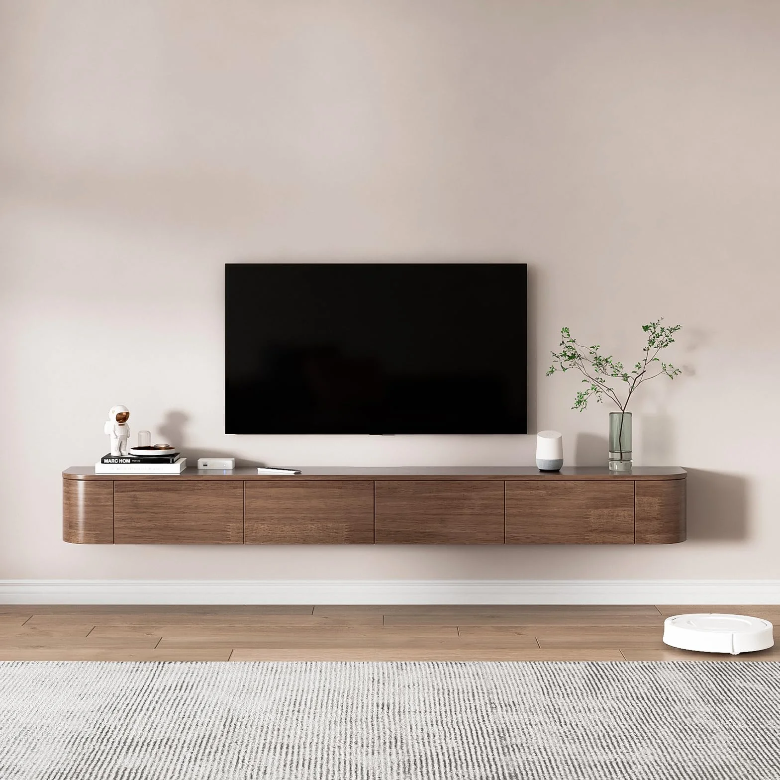 Pływająca szafka pod telewizor z otwieranymi drzwiami, brązowy + LED, 200 cm