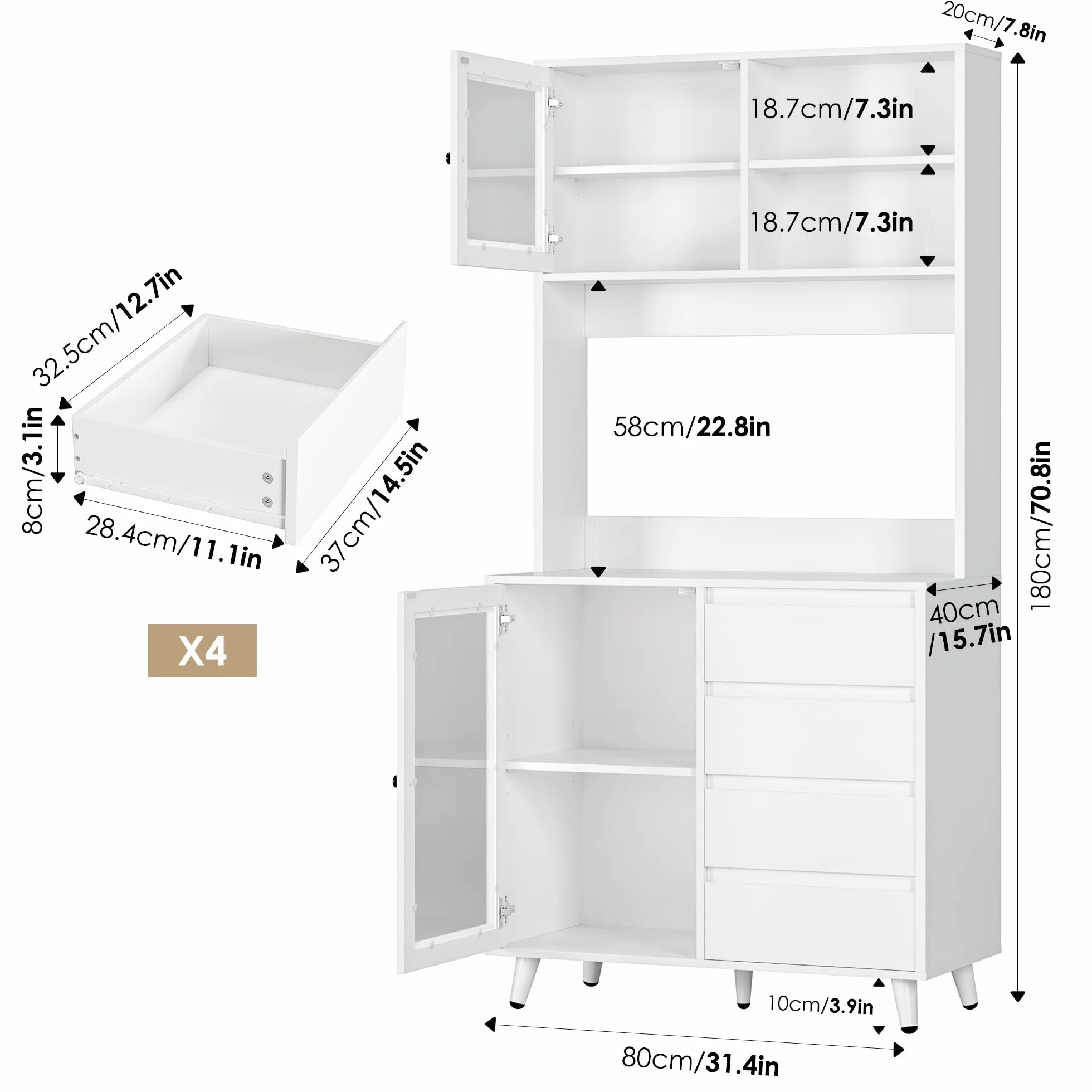 FOREHILL Szafka kuchenna wysoka ze szklanymi drzwiami blat roboczy 4 szuflady 80x40x180 cm biała M172