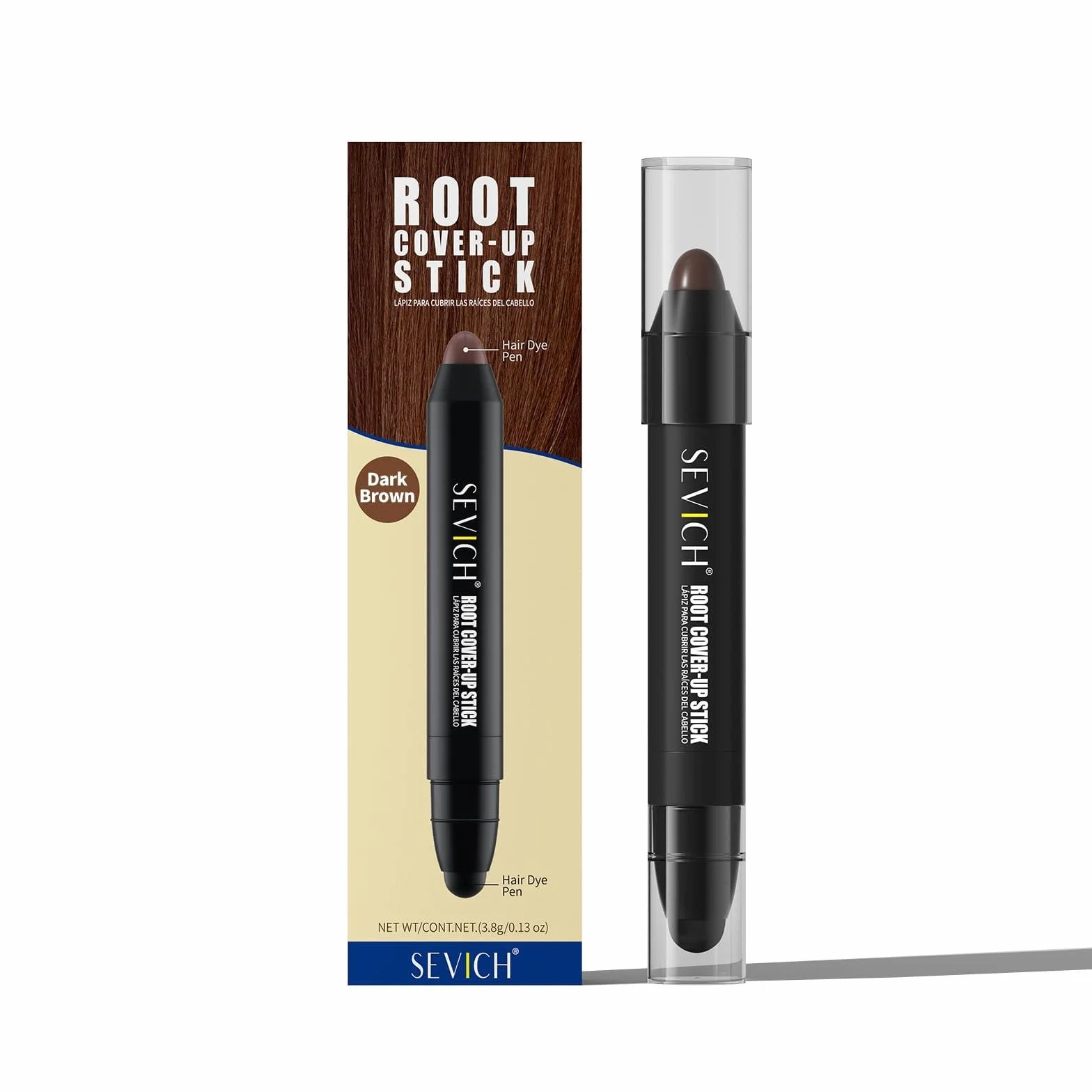 Sevich Root Cover up Stick - Natychmiastowa biała osłona włosów, naturalny korektor do korzeni włosów, korzenie i boki dla kobiet i mężczyzn, 48 godzin makijażu, ciemny brąz