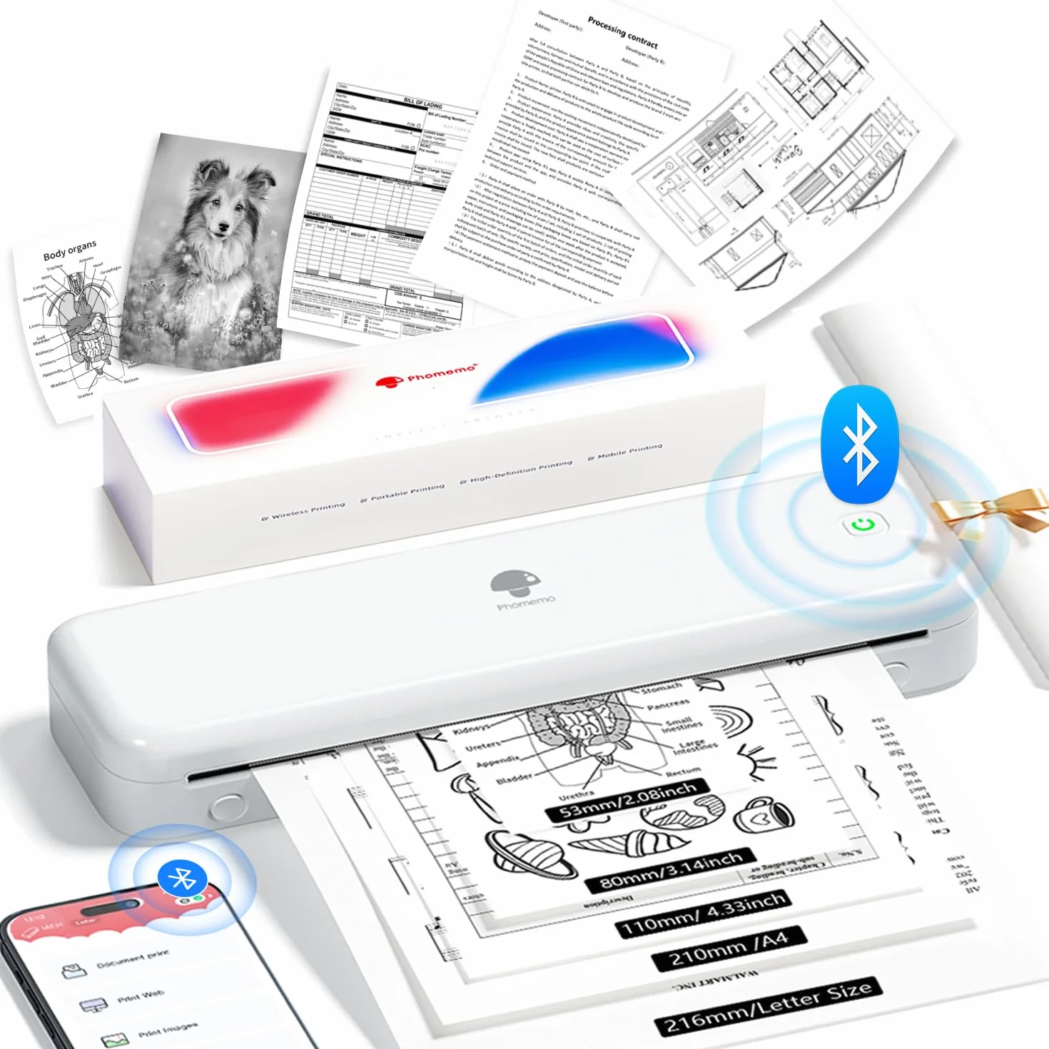Phomemo Drukarka termiczna M834 A4, przenośna drukarka bezatramentowa, połączenie smartfona przez Bluetooth, obsługuje papier termiczny A4 (210x297mm), 80mm, mini skaner drukarek, 300DPI