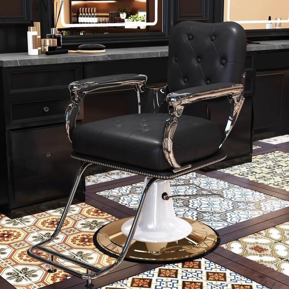 Wyposażenie salonu kosmetycznego, vintage fotel barberski, fotel barberski hydrauliczny podnośnik, obrót 360°, sztuczna skóra PU, do stylizacji,Black,Gold Plated