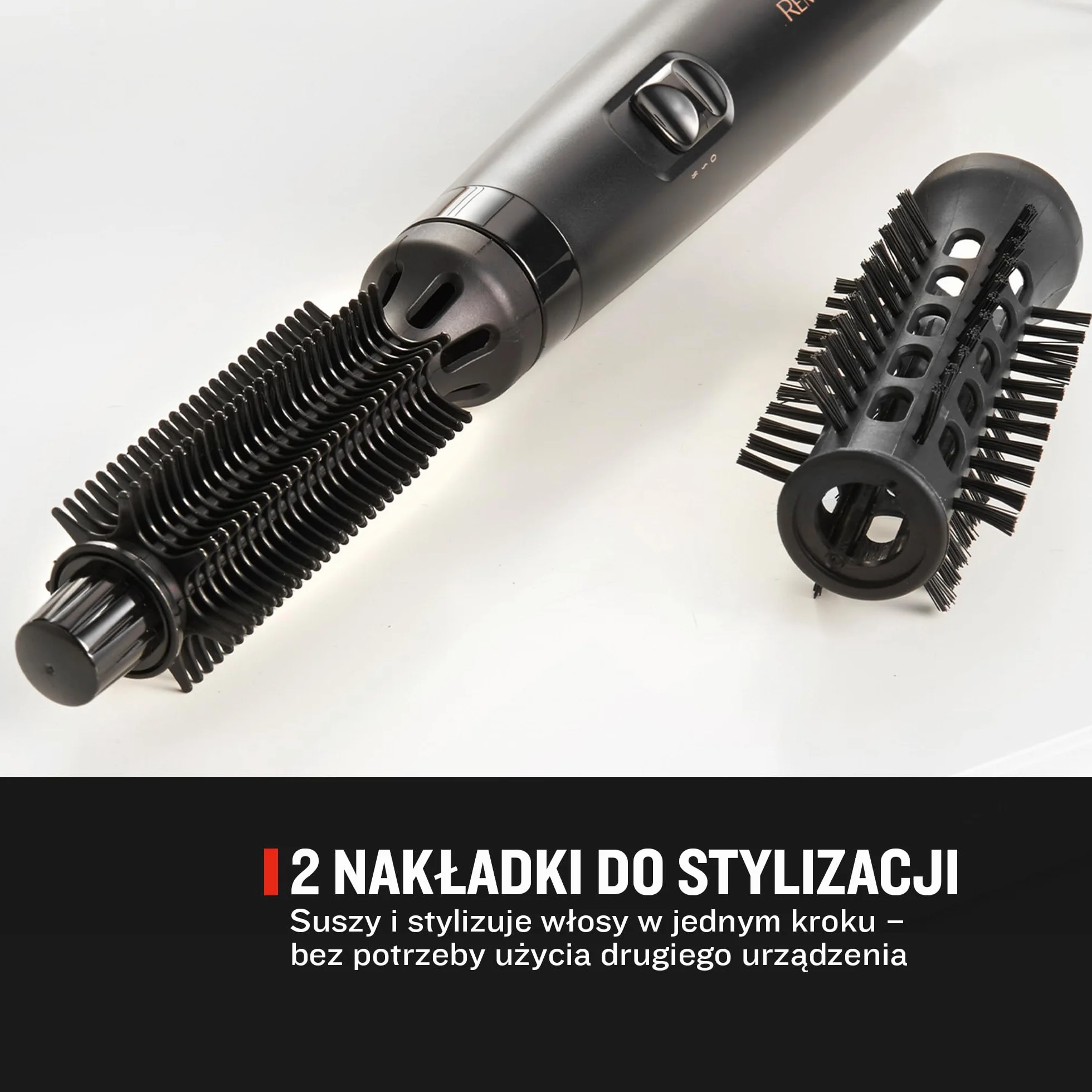 Remington suszarko-lokówka, odpowiednia dla włosów krótkich, 2 wymienne nasadki, 19mm, 25mm z miękkim włosiem, 2 ust. temperatury i prędkości, obrotowy przewód, moc 400W, Blow and Dry, AS7100, czarny
