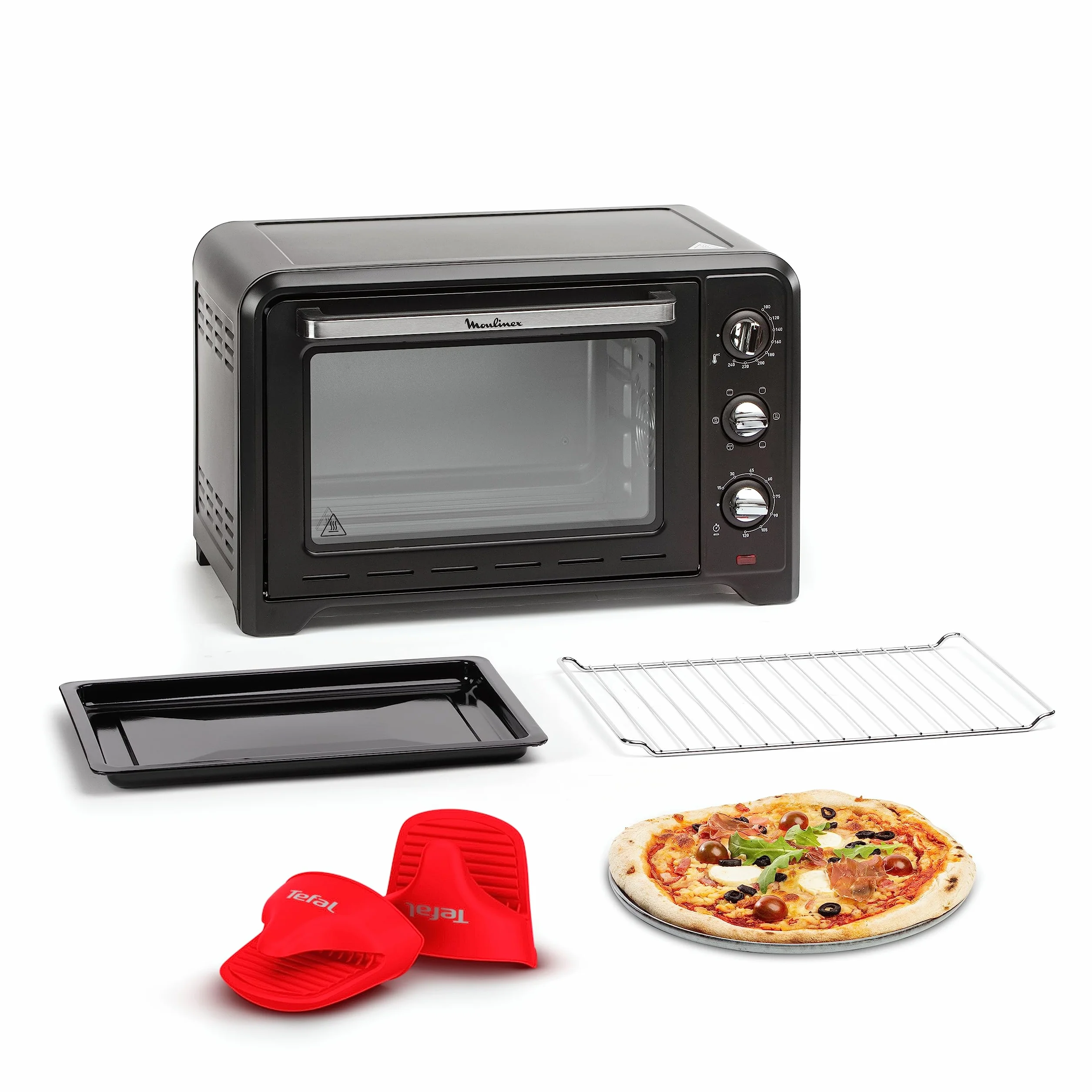 Moulinex Piekarnik 33 l, ogrzewanie obrotowe, zaawansowana konwekcja, 6 trybów gotowania, termostat regulowany do 240°C, timer 120 min, kratka odwracalna, uchwyty silikonowe, Optimo Black OX464811