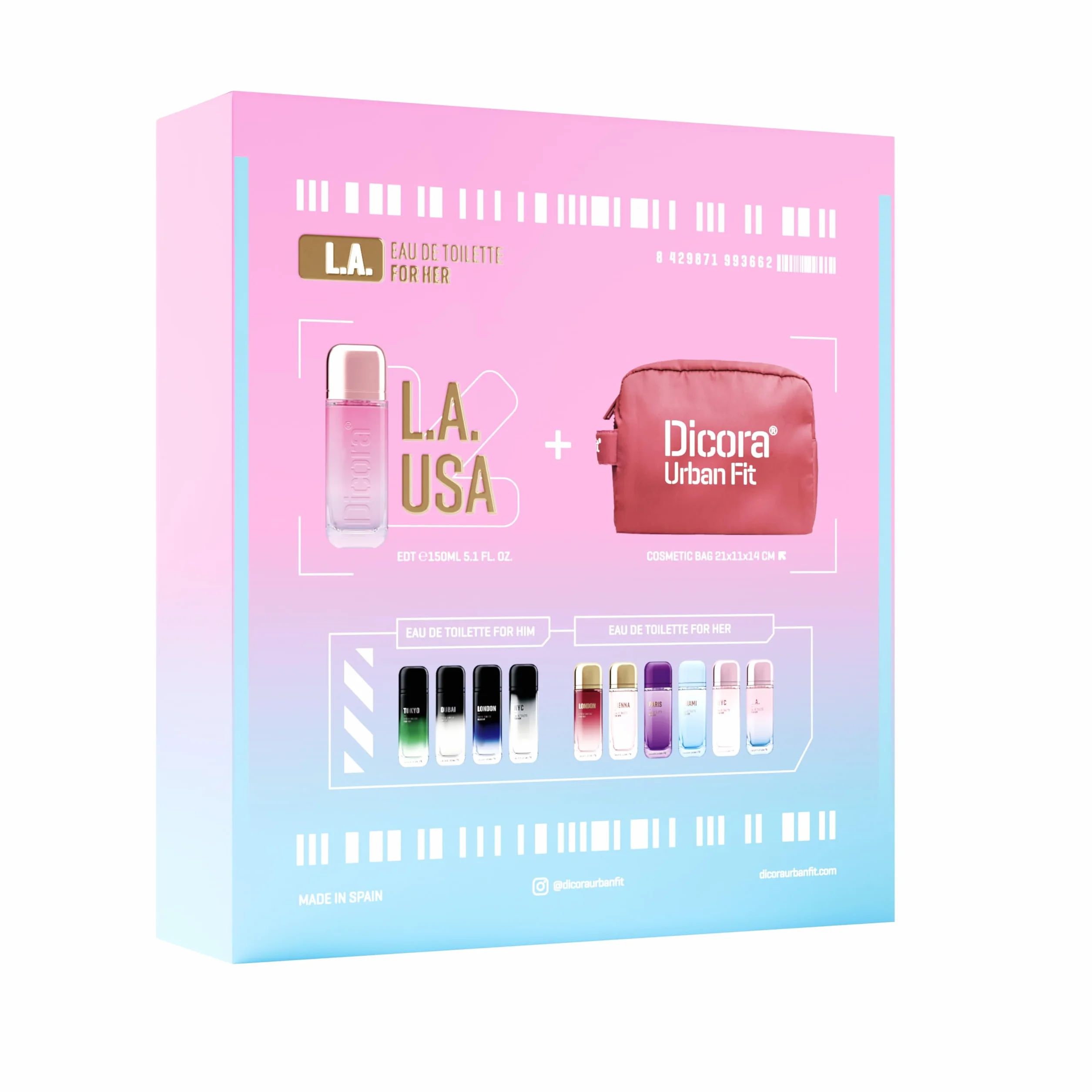 DICORA URBAN FIT SET L.A. FOR HER + NECESER, perfumy damskie EDT, 150 ml, zapach kwiatowy i owocowy, woda kolońska z mandarynką, kwiat pomarańczy i piżmo
