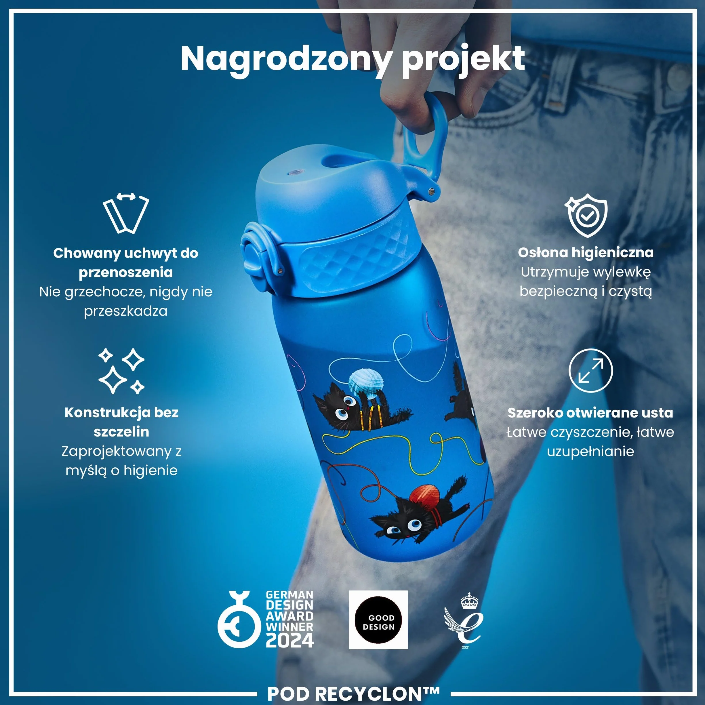 ION8 Butelka dla Dzieci, 350 ml/12 oz, Szczelna, Łatwa do Otwarcia, Bezpieczny Zamek, Można Myć w Zmywarce, Bez BPA, Uchwyt do Przenoszenia, Łatwa do Czyszczenia, Bezwonny, Koty