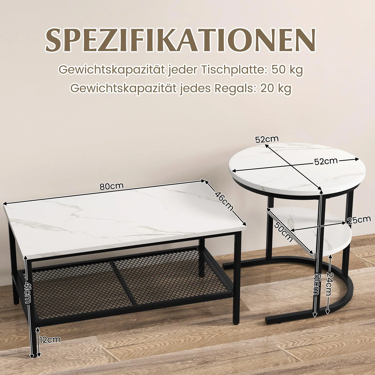 COSTWAY Zestaw 2 stolików kawowych z metalową ramą i półką, marmur, biały czarny