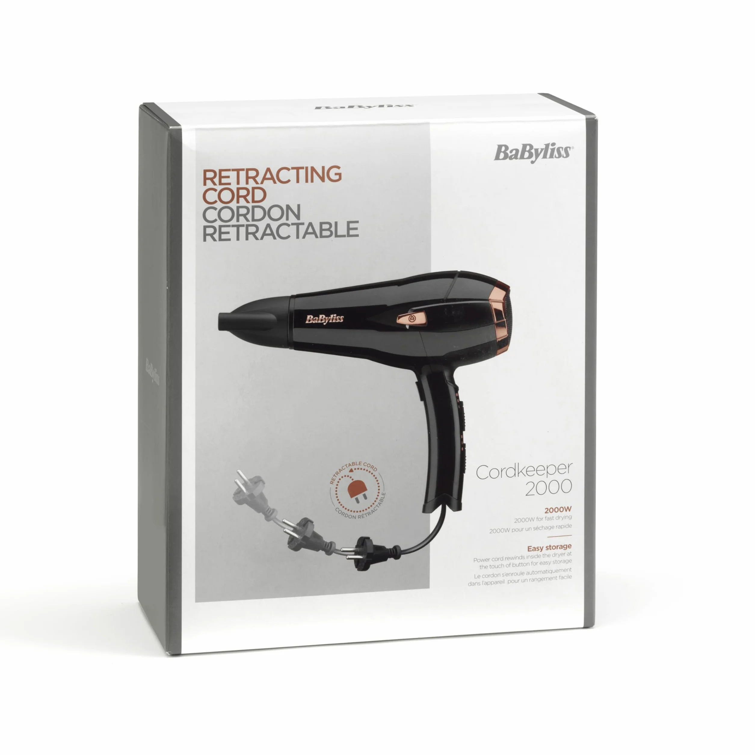 Suszarka BaByliss Cordkeeper - Suszarka do włosów o mocy 2000 W z unikalnym 1,65m zwijanym przewodem, jonizacją zapobiegającą puszeniu się włosów, 3 ustawienia temperatury i 2 prędkości, czarna, D373E