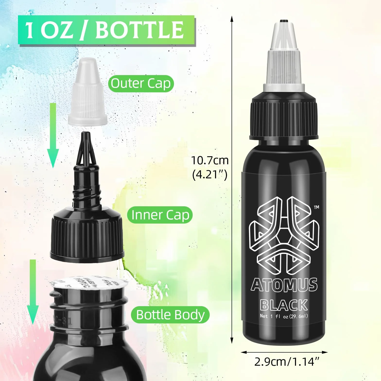 ATOMUS Czarny Tusz do Tatuażu 30ml - Naturalny Pigment Roślinny do Makijażu Permanentnego z 10 Kubeczkami S M L XL
