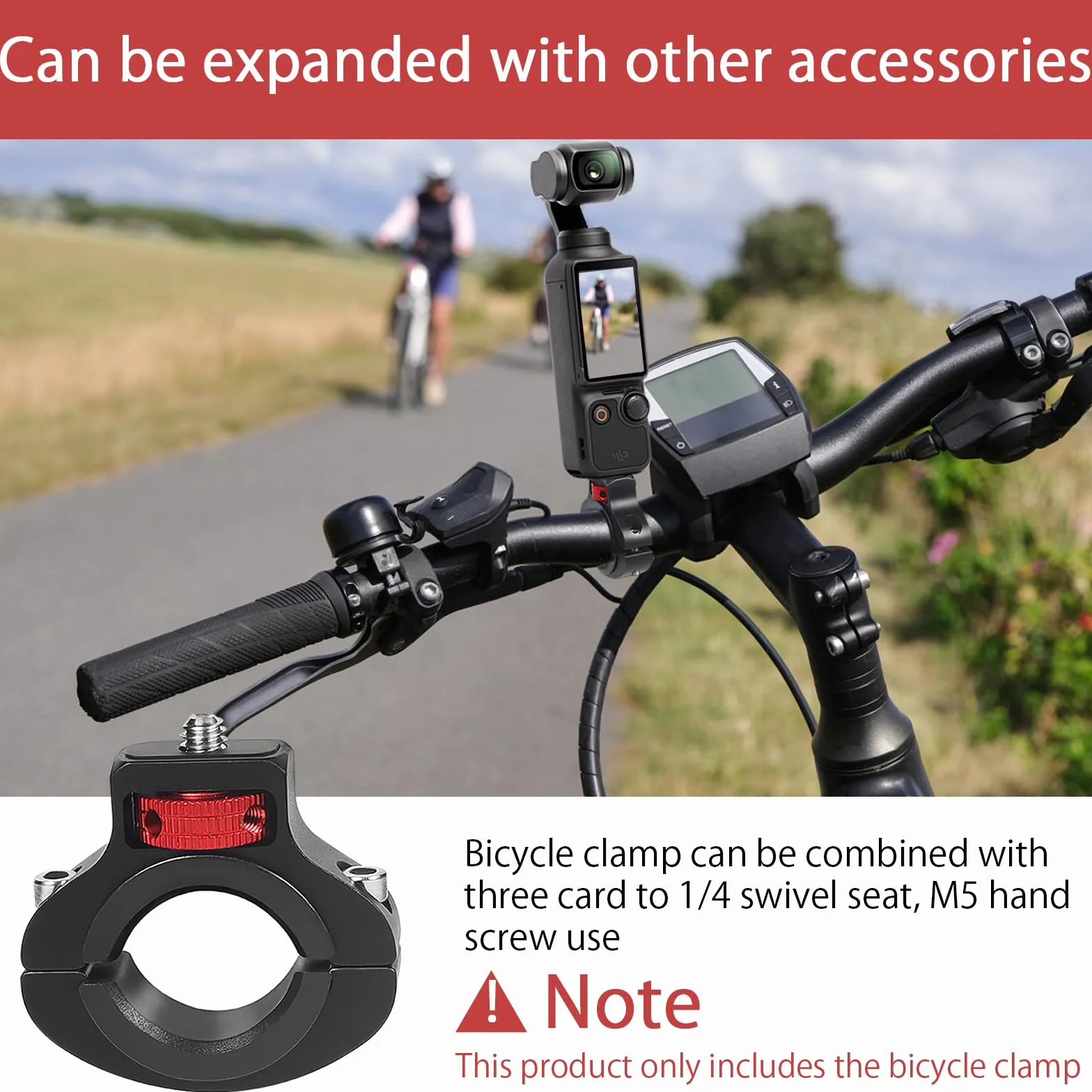 TNSLAND Uchwyt rowerowy, uchwyt na kierownicę rowerową, obracany o 360°, uchwyt na kamerę sportową, uchwyt rowerowy na kierownicę 1/4 cala, zacisk śrubowy do kamery sportowej (czarno-czerwony