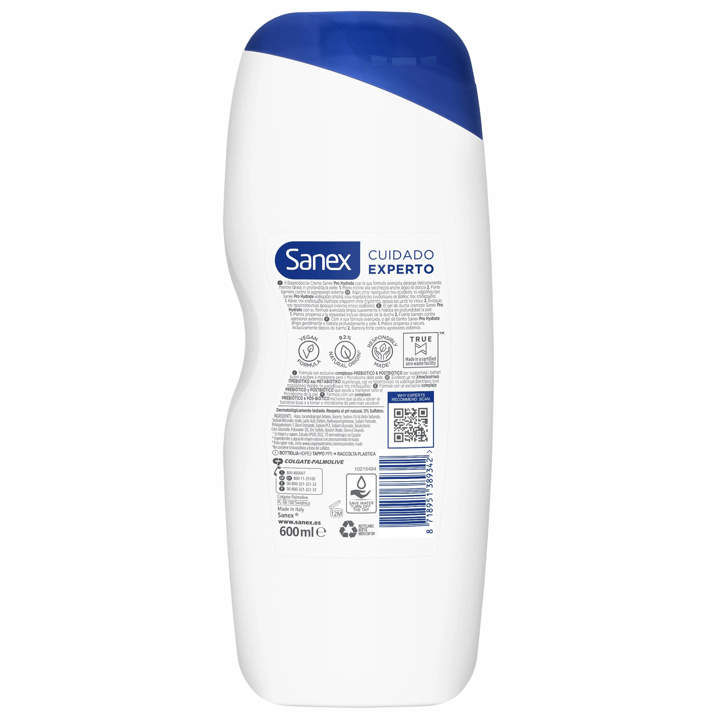 Sanex Expert Care Pro Hydrate żel pod prysznic, opakowanie 12 sztuk x 600 ml, żel do kąpieli dla bardzo suchej skóry, delikatnie oczyszcza, nawilża i zmiękcza skórę, kompleks prebiotyczny i