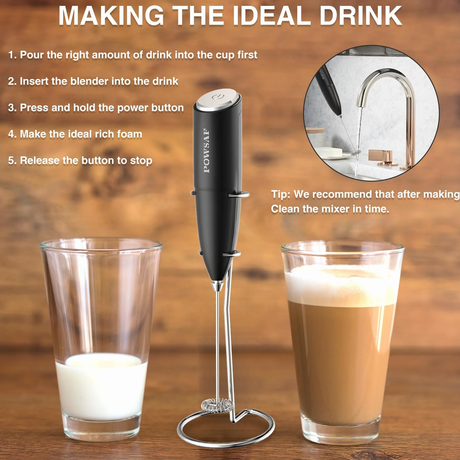 POWSAF Ręczny spieniacz do mleka ze stojakiem, ręczny spieniacz do kawy, elektryczny mikser do napojów, mini spieniacz do cappuccino, frappe, matcha, gorącej czekolady, srebrny/czarny