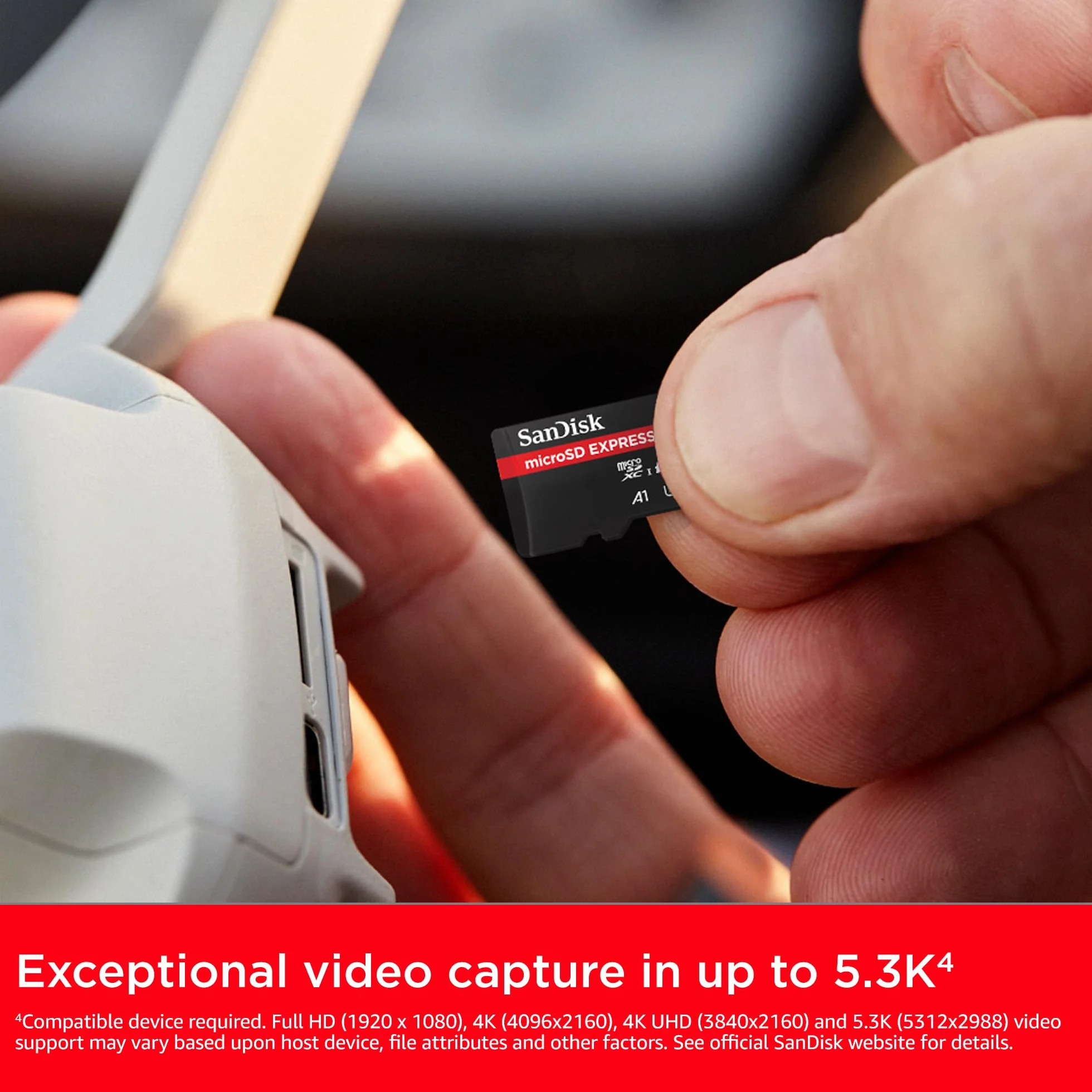 SanDisk MicroSD Express 512GB, karta mSD, prędkość odczytu do 880 MB/s, prędkość zapisu do 650 MB/s, stała prędkość zapisu 220 MB/s, technologia SanDisk QuickFlow, ThermAdapt, UHS-I, U3, C10