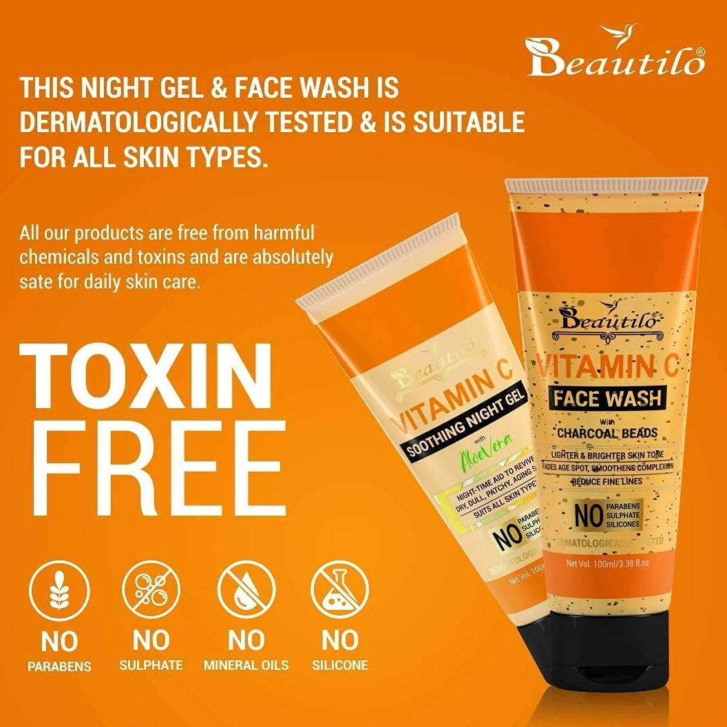 Beautilo Daily Fresh & Moisturizing Pack (witamina C do mycia twarzy z koralikami węglowymi i witaminą C, kojący żel na noc), 200 g (2 sztuki)