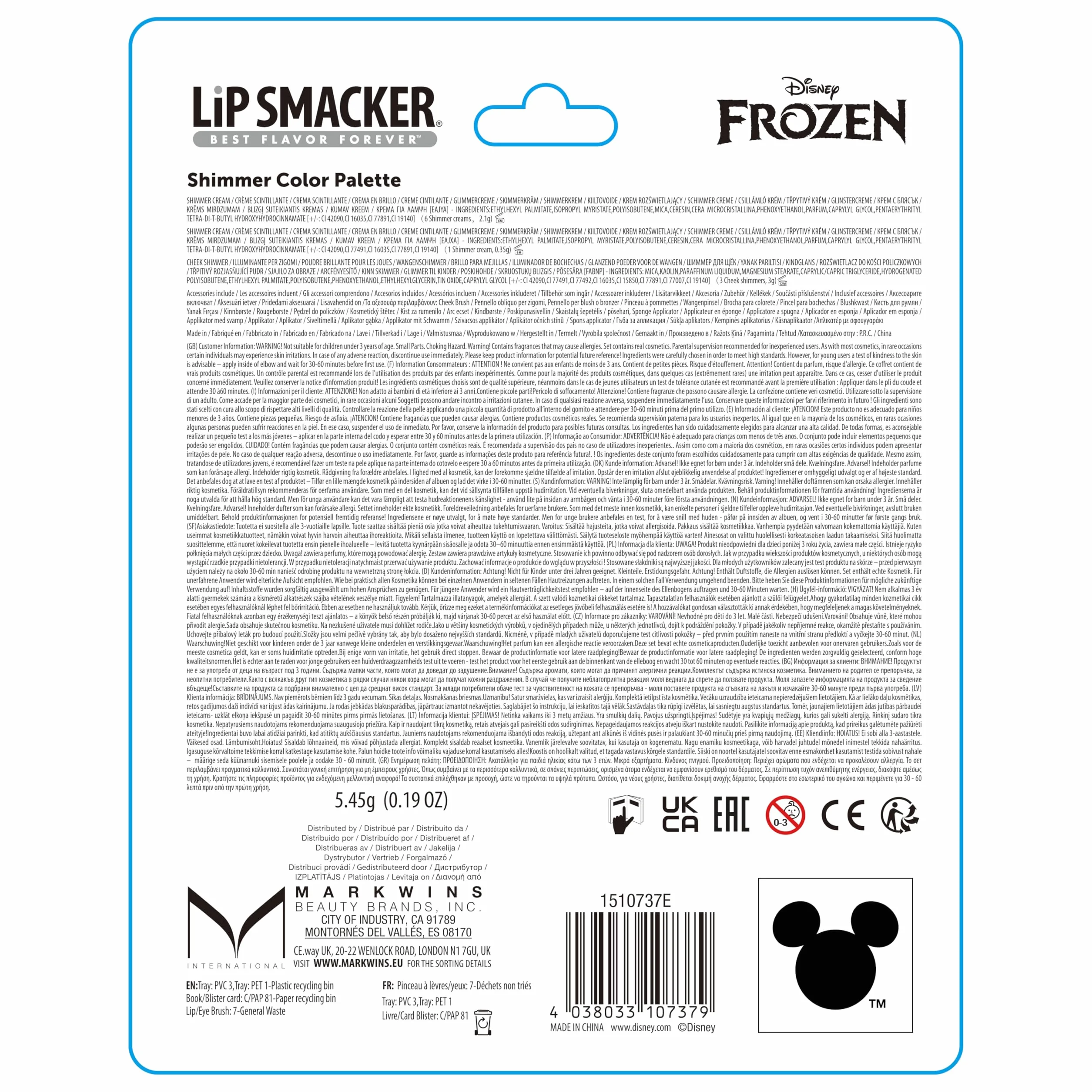 Lip Smacker Kraina Lodu Shimmer Color Palette, 12-Częściowy Zestaw do Makijażu dla Dzieci z Krainą Lodu, w tym Rozświetlające Kremy, Róż i Pędzle do Makijażu, Zestaw Prezentowy z Krainą Lodu