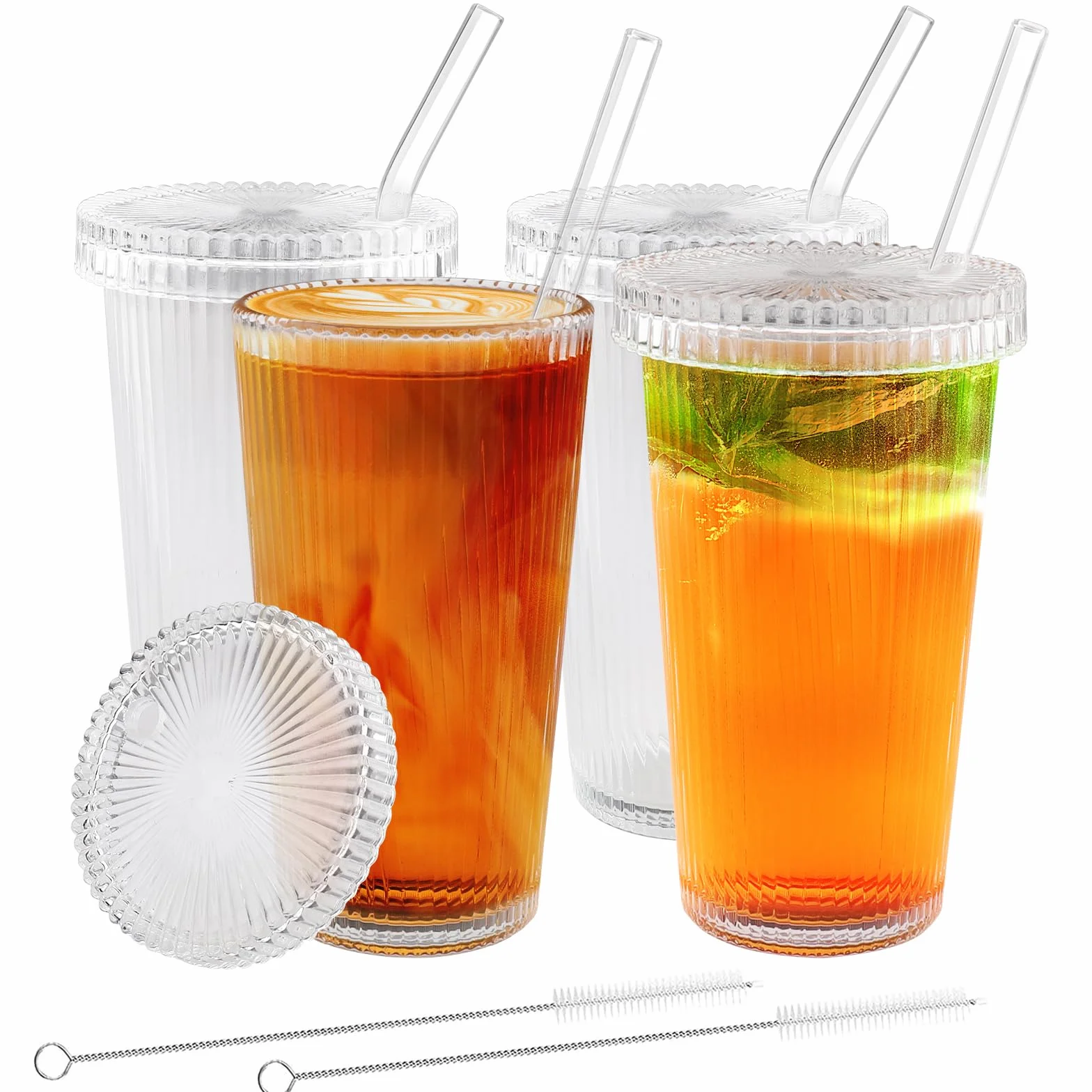 Szklanki do napojów z pokrywką i słomką, 4 sztuki, 375 ml, szklanki koktajlowe, do matchy, do wody, koktajli, kawy mrożonej, herbaty sodowej
