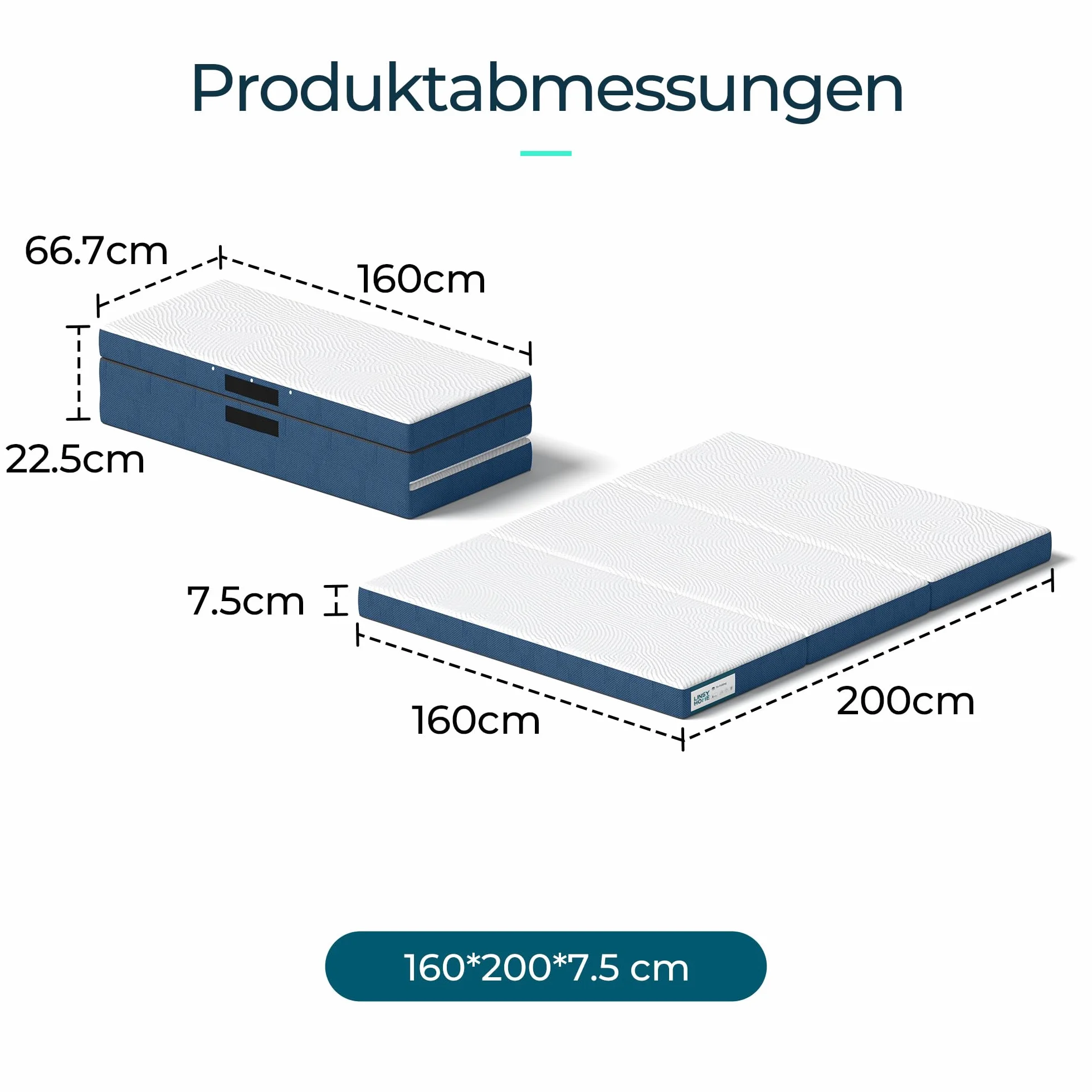 LINSY HOME Składany materac 160 x 200 cm z wyjątkowo wodoodporną poszewką, 7,5 cm materac Tencel Trifold, materac z pianki z pamięcią kształtu, składany, przenośny, łatwy do przechowywania, sofa do