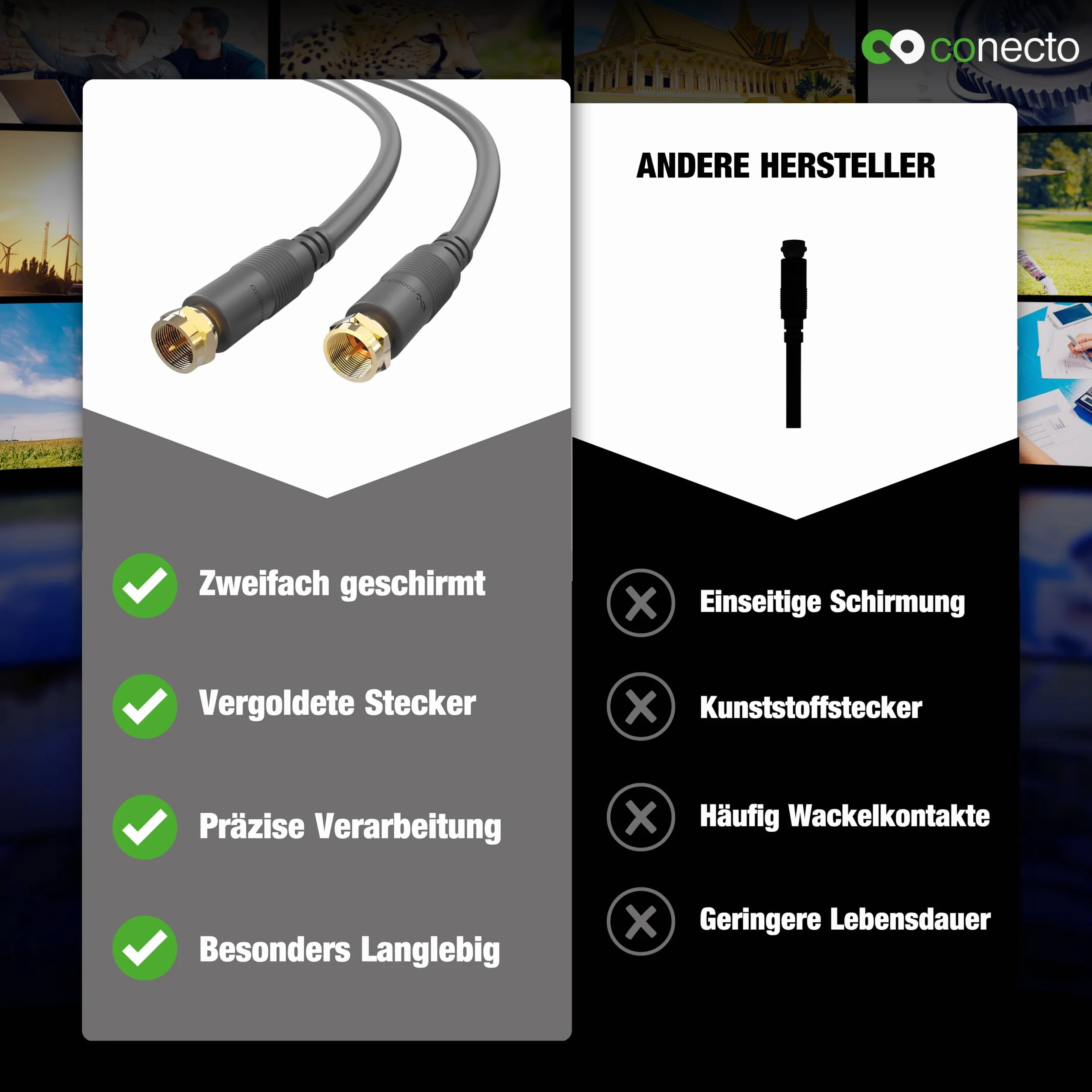 conecto Kabel antenowy SAT, kabel koncentryczny, kabel satelitarny TV 1 m, podwójnie ekranowany, wtyczka F, do HDTV, odbiornika, satelity, Internetu, DAB, radia, czarny