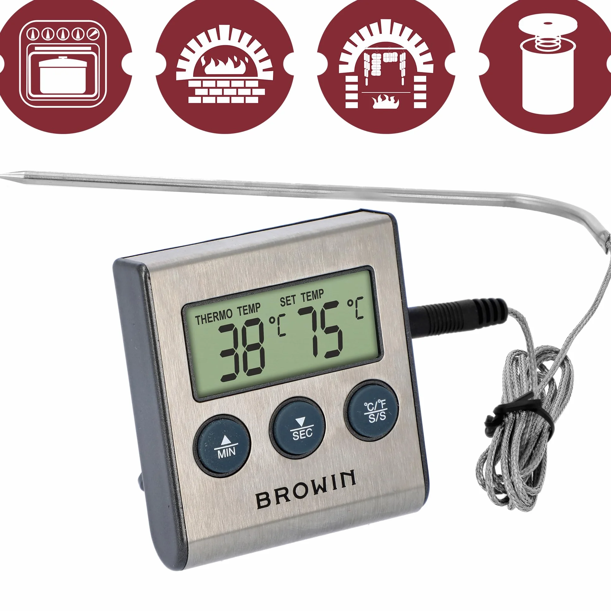Browin Termometr do żywności z sondą ze stali nierdzewnej 1,5 m 0-250°C Timer alarm
