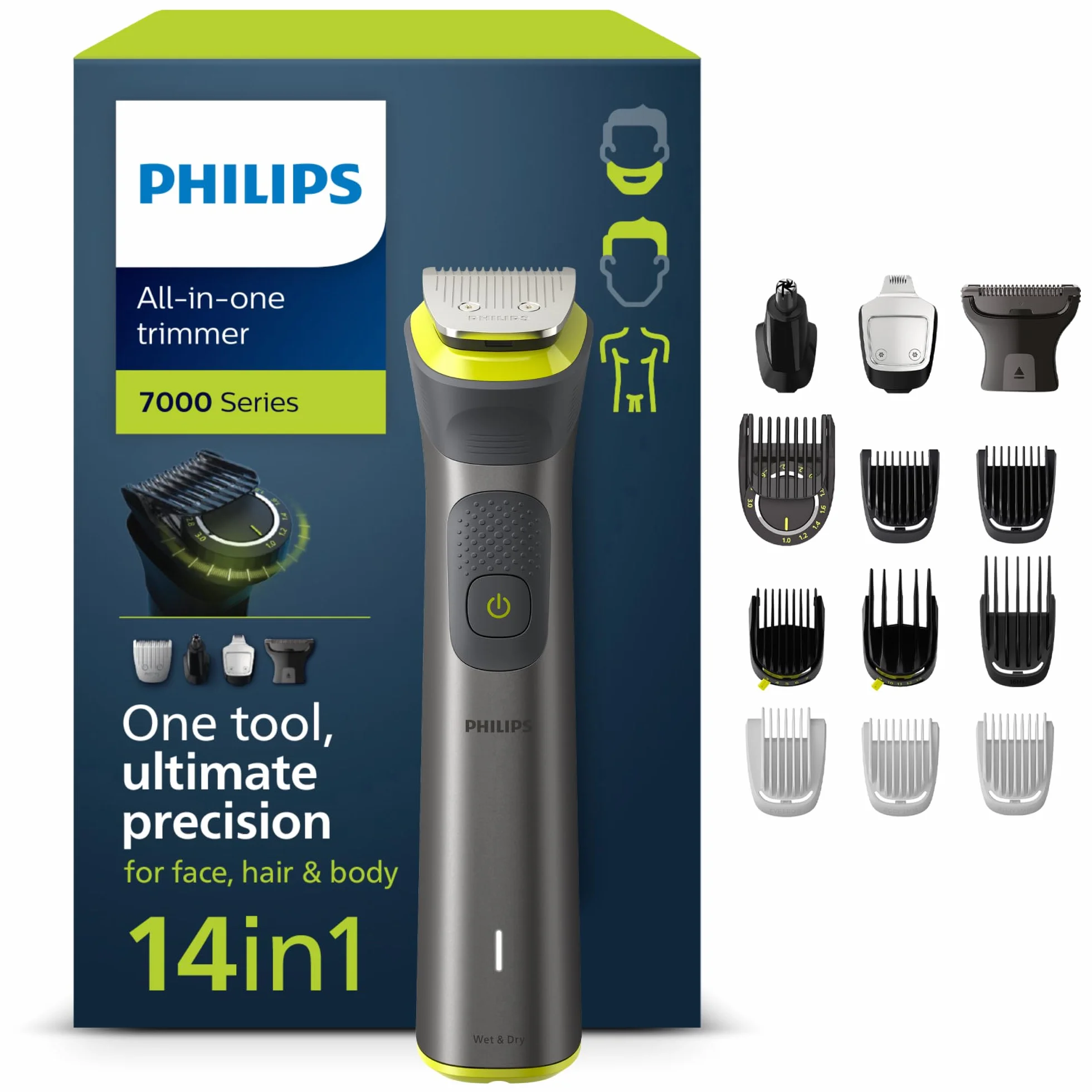 Philips Trymer wielofunkcyjny z serii 7000, multigroom 14 w 1 do twarzy, głowy i ciała, jedno narzędzie — najwyższa precyzja, 21 ustawień długości (0,5-16 mm) (model MG7930/15)