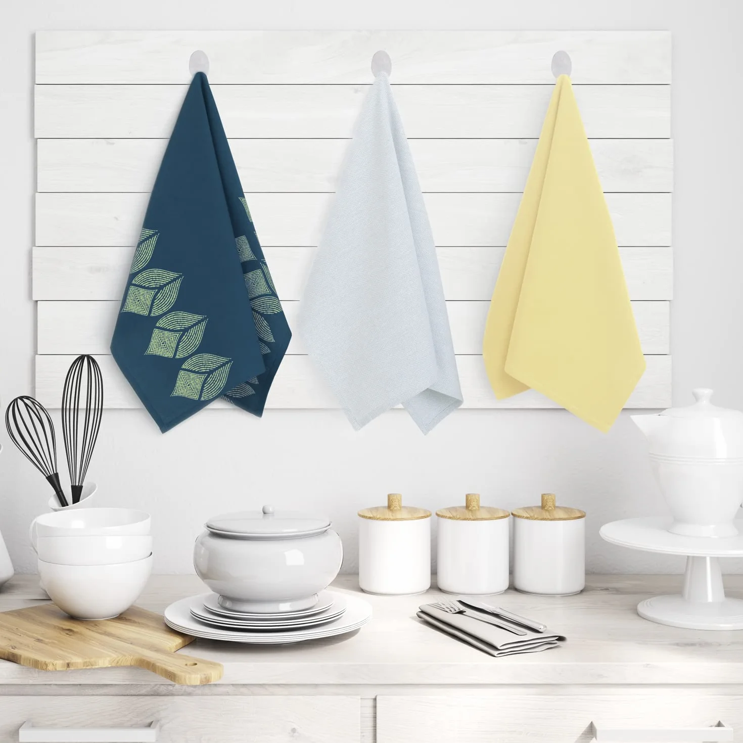 AmeliaHome Zestaw Ręczników Kuchennych 3 Sztuki Bawełniane 50x70 cm Wzór Geometryczny Błękitny Granatowy Żółty