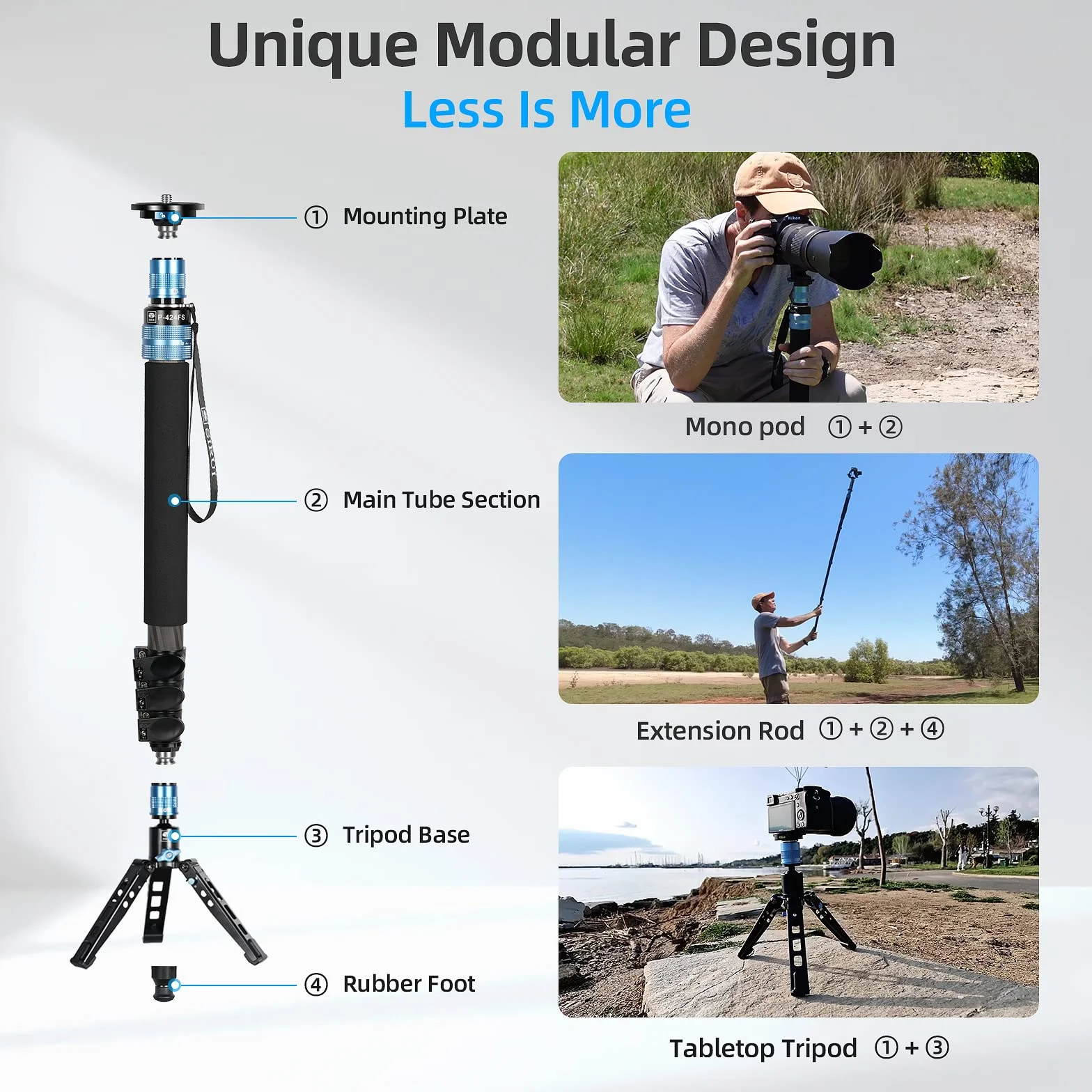SIRUI P-424FS Monopod aparatu fotograficznego, monopod z włókna węglowego 168 cm ze zdejmowaną podstawą statywu, monopod podróżny z głowicą płynu VA-5 do lustrzanki cyfrowej, kamery wideo, maksymalne
