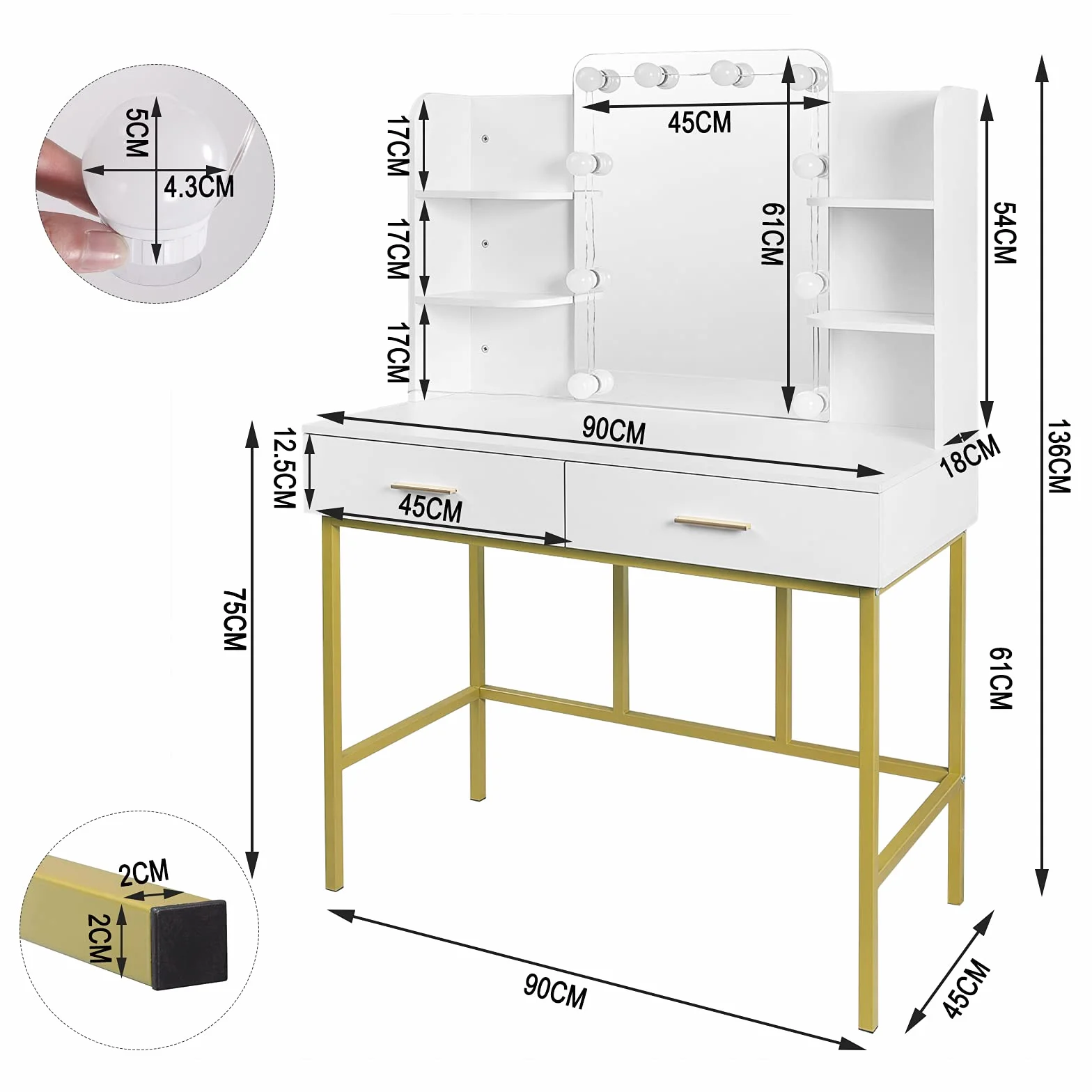 WOLTU Toaletka z lustrem, z oświetleniem LED, z 2 szufladami, nowoczesna toaletka do sypialni, z płyty melaminowej i metalu, biała i złota, 45 x 136 x 90 cm, MB6077ws