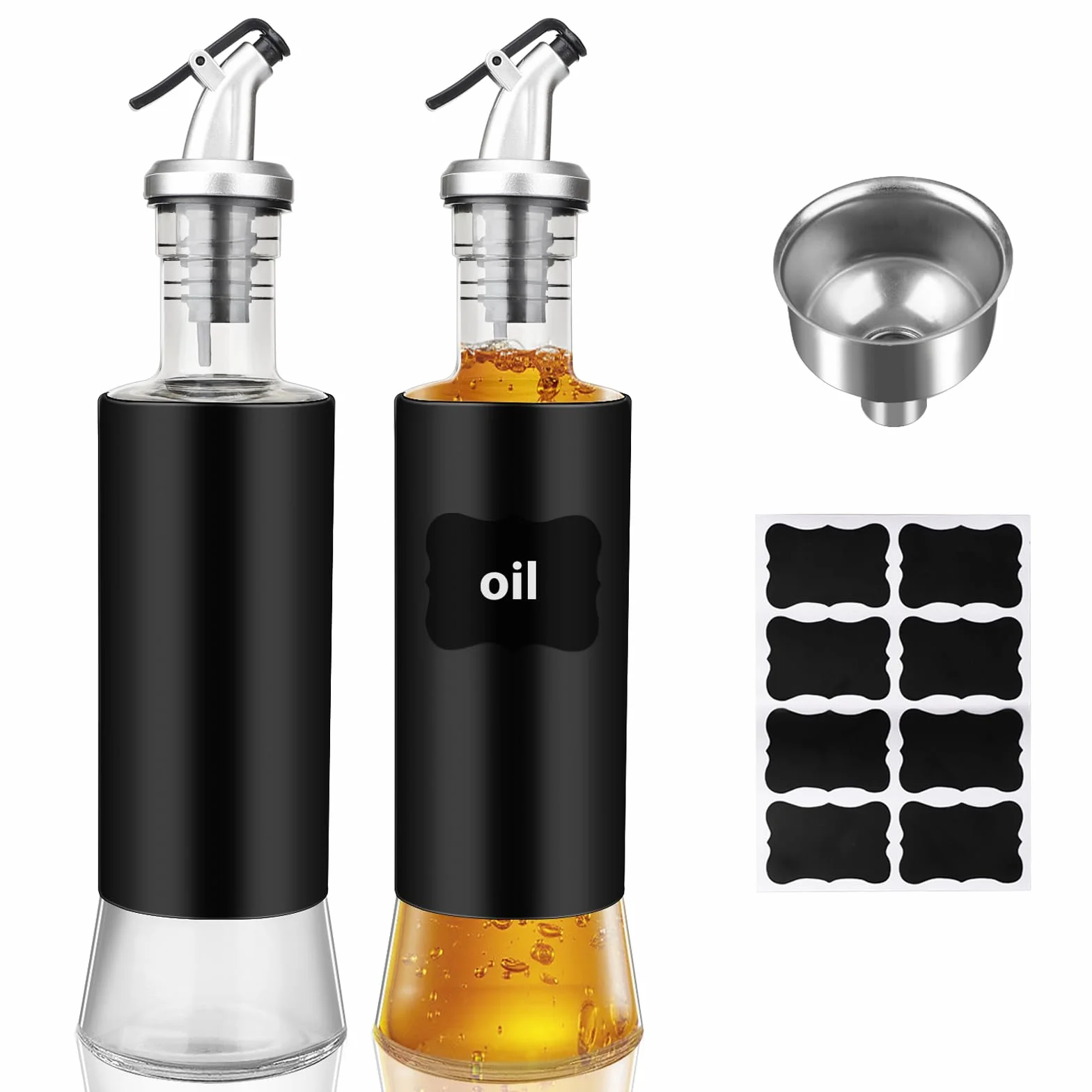 Butelka na oliwę i ocet 300 ml, dozownik do oliwy z etykietami i lejkiem, 2 sztuki