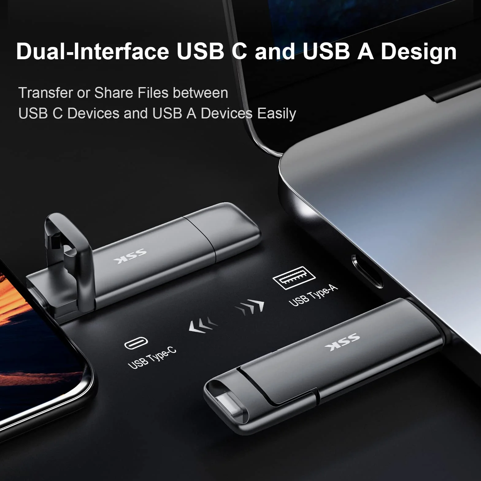 SSK 256GB Dual USB C Flash Drive, 2-w-1 Type C+ USB A 3.2 Gen2 Solid State Thumb Drive, prędkość do 550MB/s Pamięć do iPhone 15, Thunderbolt 3, Android Phone, Tablet, Laptop