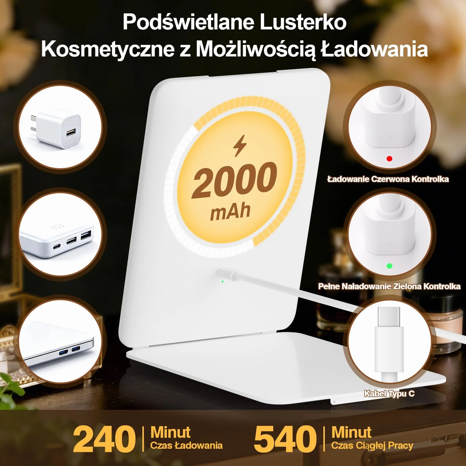 Przenośne Podświetlane lusterko Kosmetyczne 2000 mAh Akumulatorowe lusterka Podróżne do Makijażu z 72 Diodami LED, 3 Trybami Podświetlenia, Składane lusterko Kosmetyczne LED na Blat