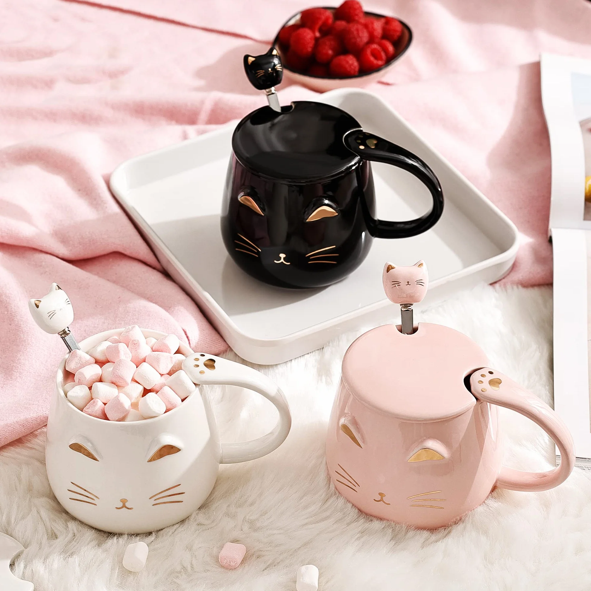 Zestaw 3 uroczych ceramicznych kubków z kotami z pokrywką, łyżką i podstawką - 380ml/13oz kubek do kawy dla kobiet, dzieci, miłośników kotów - prezent na Boże Narodzenie i urodziny (czarny, biały