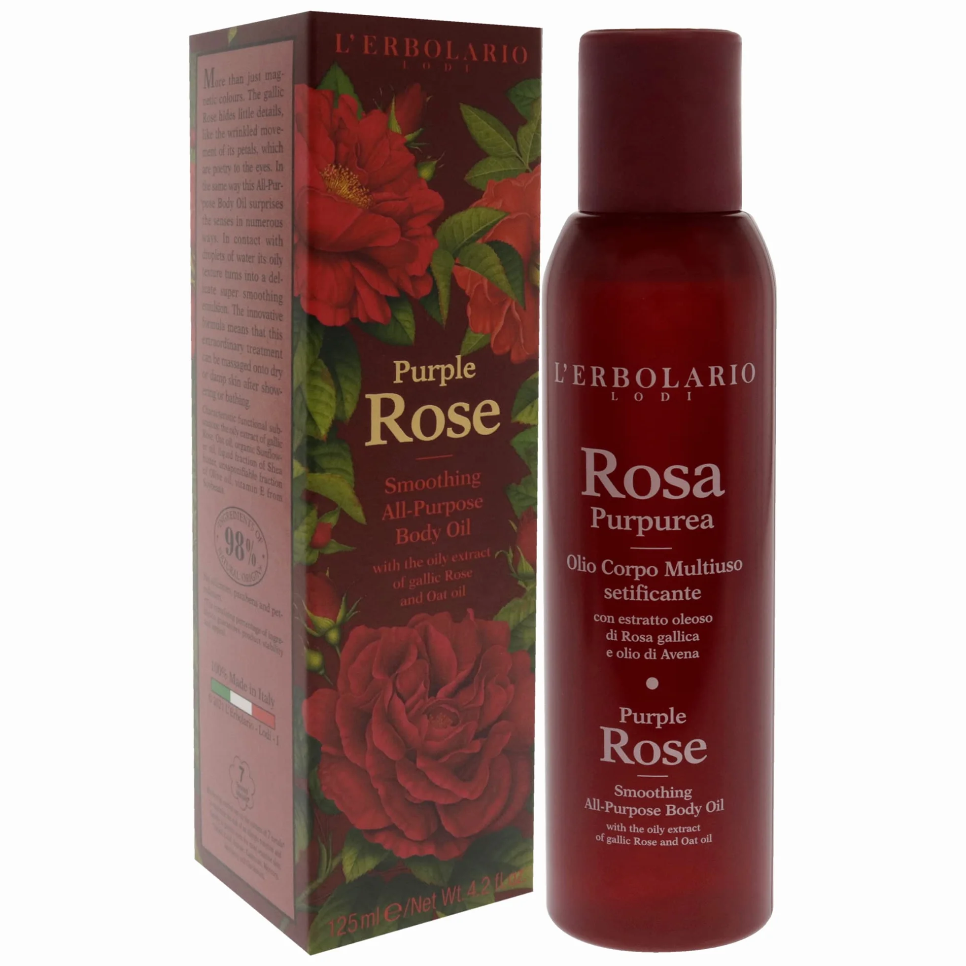 L'Erbolario ROSA PURPUREA wielofunkcyjny olejek do ciała z ekstraktem i wodą destylowaną z róży galliczkiej, 125 ml