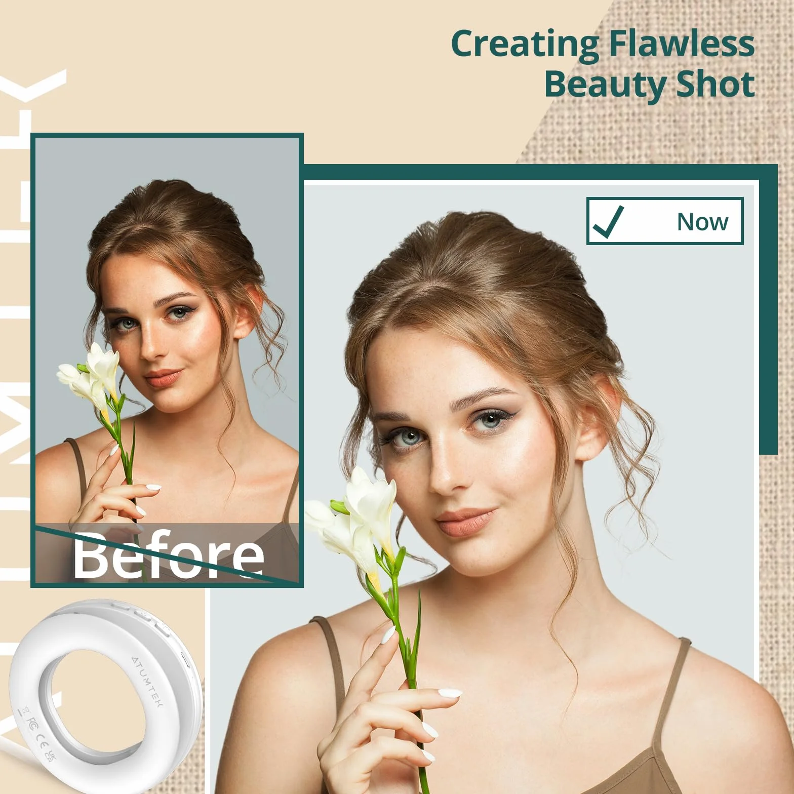 ATUMTEK Selfie Ring Light do Telefonu z 3 Temperaturami światła, Przenośna ładowalna Lampa Pierścieniowa z Klipsem z 48 Diodami LED do Komórkowego, Laptopa, Zoom, Makijażu, Połączeń Wideo, Selfie
