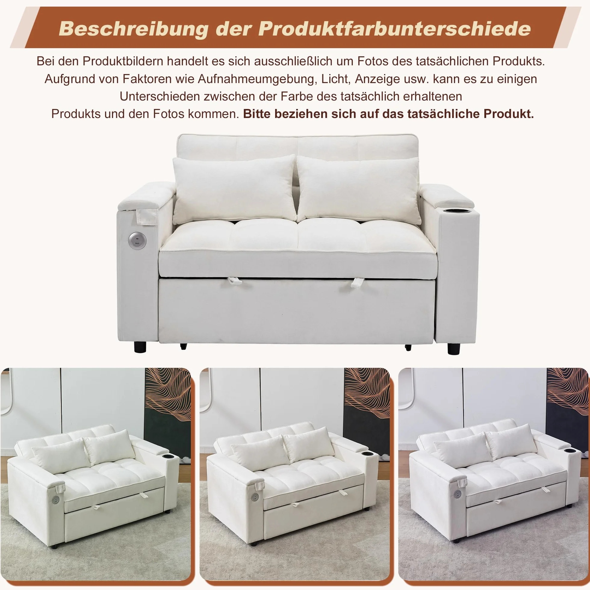 Sofa 2-osobowa z funkcją spania 140,5 x 74 x 82 cm rozkładana 3 w 1 regulowanym oparciem USB ukryty stół beżowa