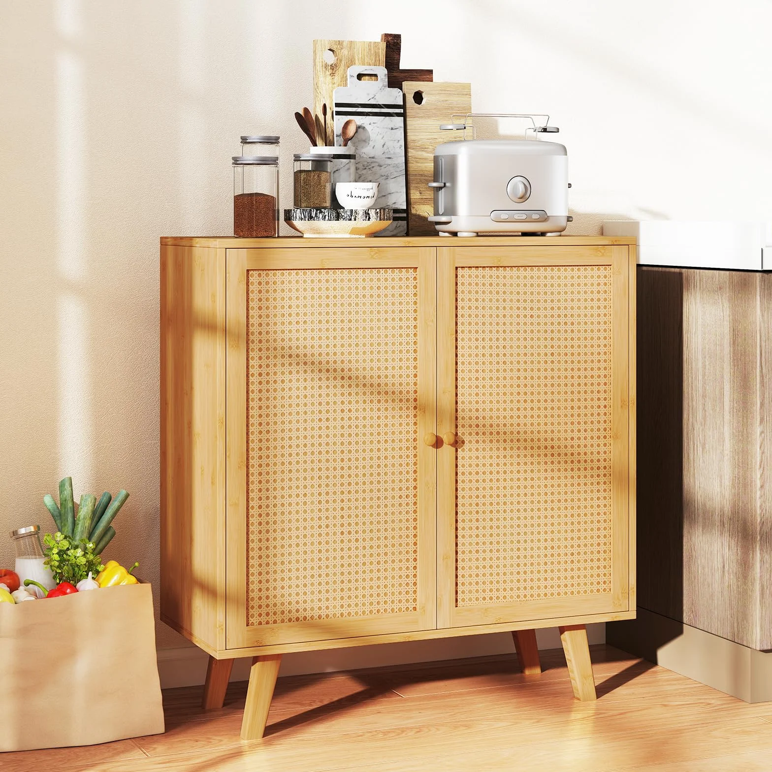 COSTWAY Kredens z rattanowymi drzwiami bambusowa szafka kuchenna z blatem roboczym 80x34.5x85 cm naturalny