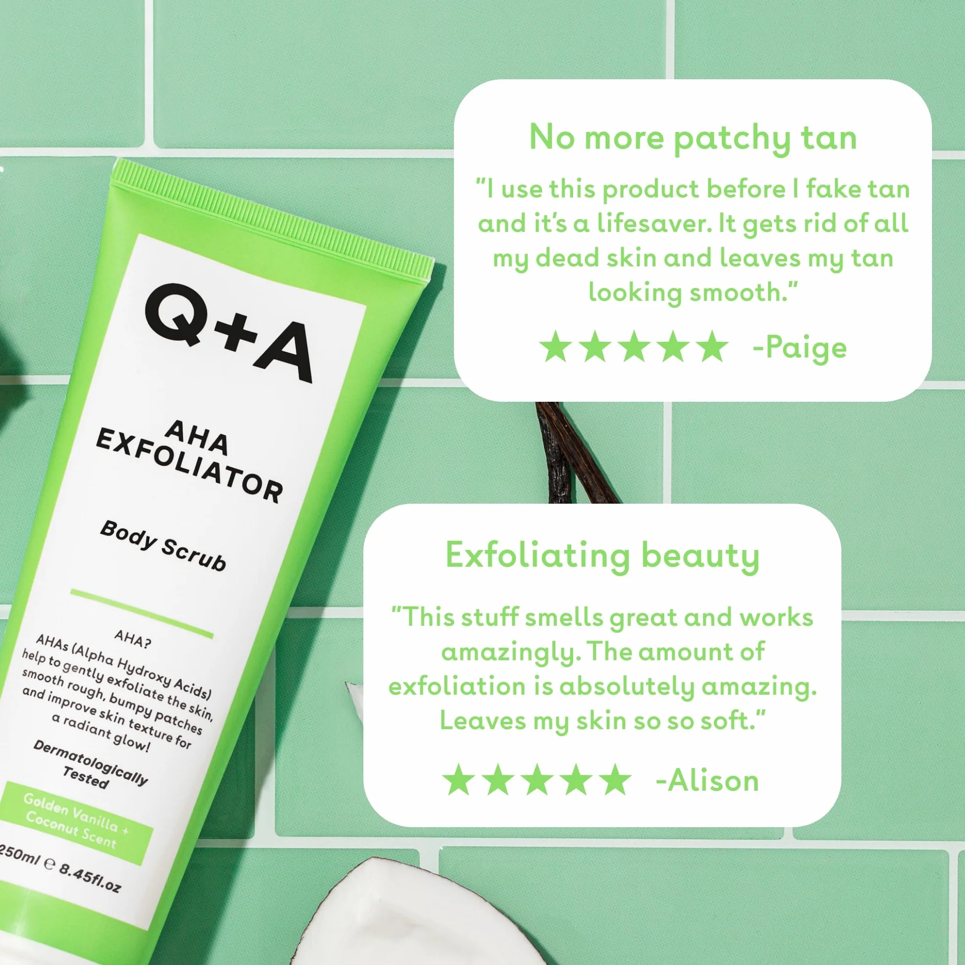 Q+A Peeling AHA do Ciała - Odnowa Skóry. Mieszanka kwasów AHA: kwasu mlekowego i glikolowego w połączeniu z eksfoliantami poprawia teksturę skóry i promuje jej miękkość i elastyczność, 250ml.