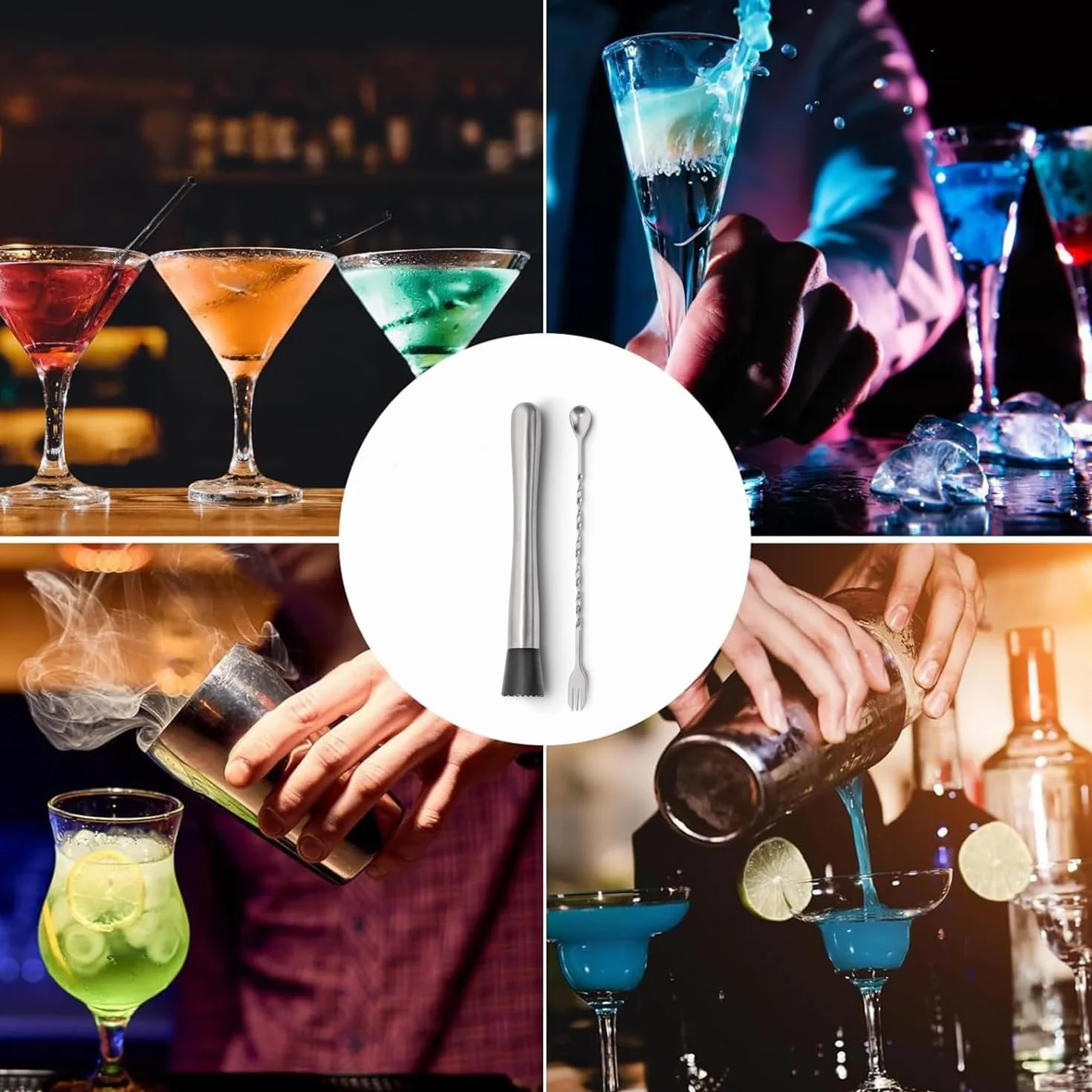 Tłuczek do koktajli ze stali nierdzewnej z łyżką barową, akcesoria do mojito