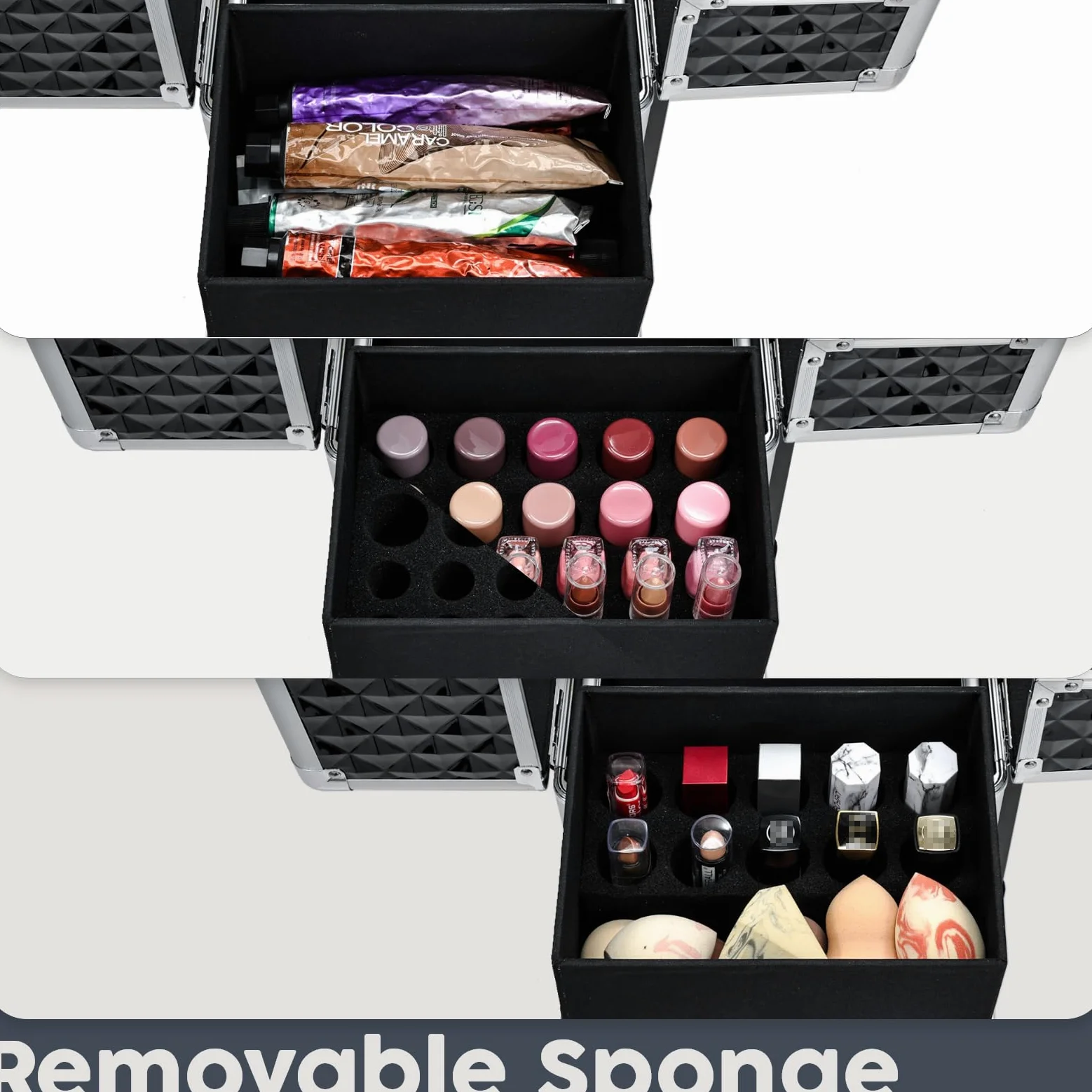 Hododou Rolling Makeup Train Case Przenośny wózek kosmetyczny z kółkami do szuflad, 4 tace, duże dno, Czarny