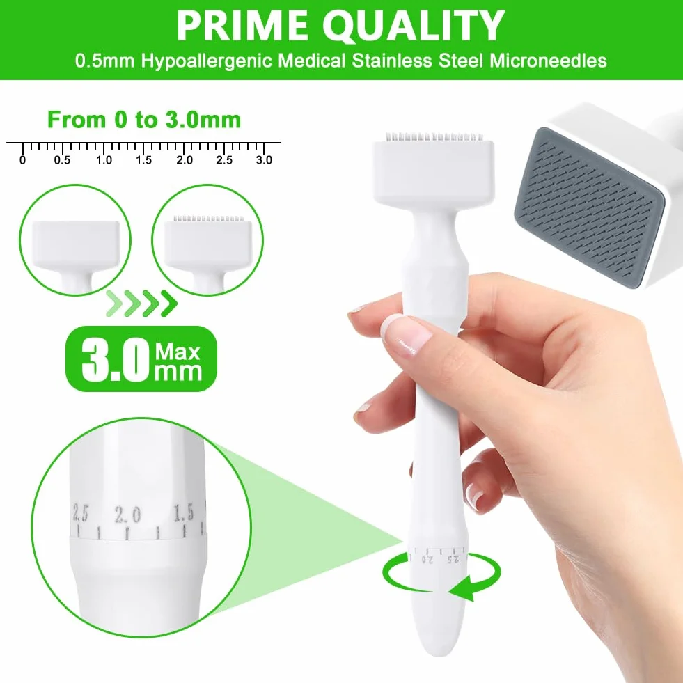 Microneedle Derma Roller Stamp Pen 0-3 mm regulowane igły, 140 tytanowa profesjonalna stempel mikroigłowy z antypoślizgowym uchwytem, ręczny długopis do twarzy, ciała, włosów, brody, pielęgnacji